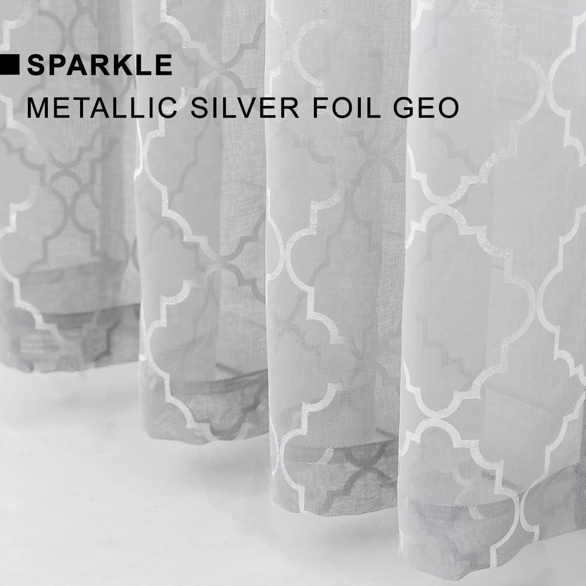 Silver Sheer Curtains 63 Inch Length 2 Panels Metallic Silver Moroccan Pattern Shimmer Sheer Curtains for Bedroom, Grommet Light Filtering Privacy Sprakle Sheer Window Curtains, W52 X L63 Inch