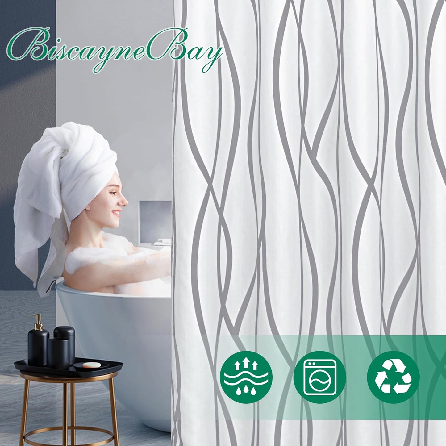 Textured Fabric Shower Curtain 72 Inches by 72 Inches, Silver Grey Striped Printed Linen Modern Hotel Luxury Quality Cloth Bathroom Curtains Machine Washable