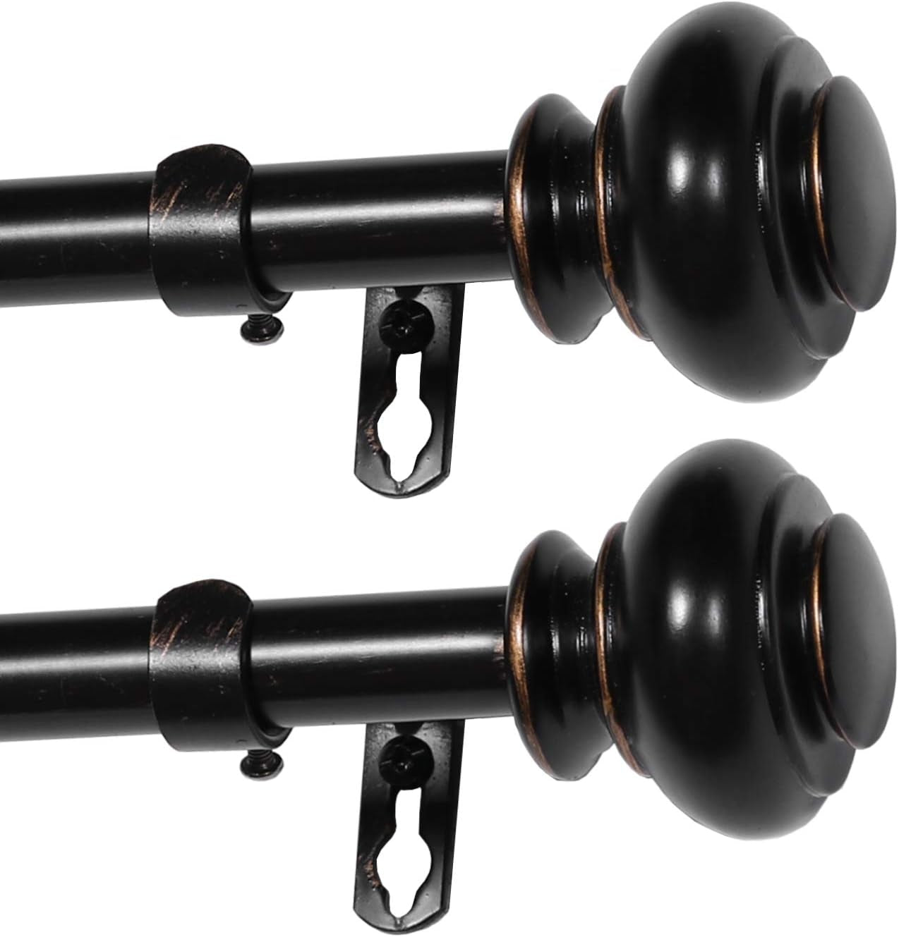 Black Curtain Rods 2 Pack Window Curtain Rods for Windows 48 to 84 Inch 3/4 Inch Adjustable Decorative Single Curtain Rod Set, Black with Antique Bronze Finishing, 2 Pack