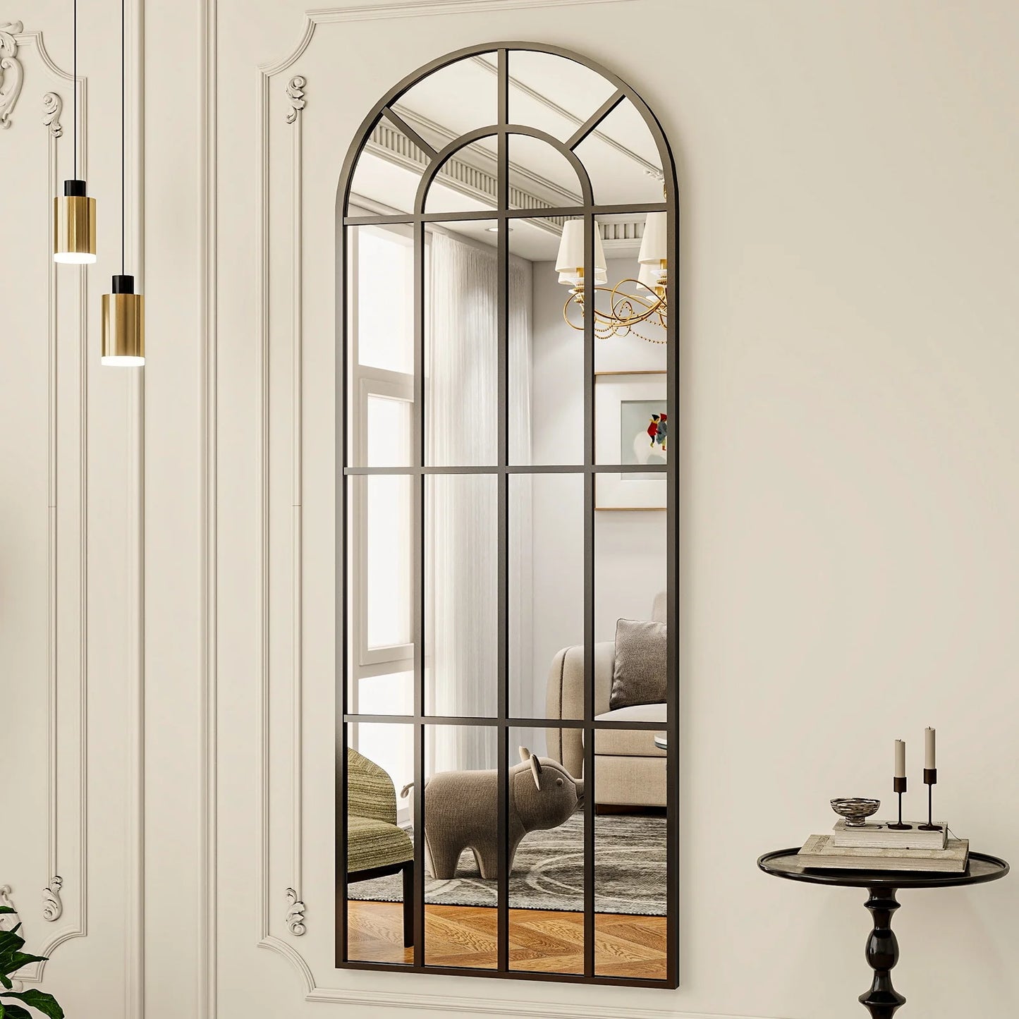 69"X 25" Arched Full-Length Windowpane Mirror Wall-Decor Mirror,Black