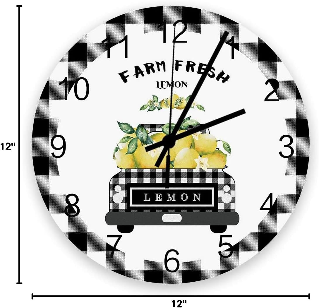 Wooden round Wall Clock 12'' Silent Battery Operated Non Ticking Clock, Black Grey Buffalo Plaid Farm Truck Carry Lemons Noiseless Office Kitchen Bedroom Wall Clock Home Decor