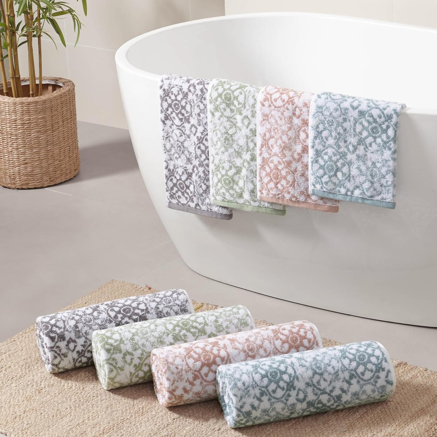 - Bath Towel 4 Piece Set, Aziza, Premium Bathroom Decor, Includes 2 Hand Towels and 2 Shower Towels, 100% Cotton & Machine Washable, Rose Smoke