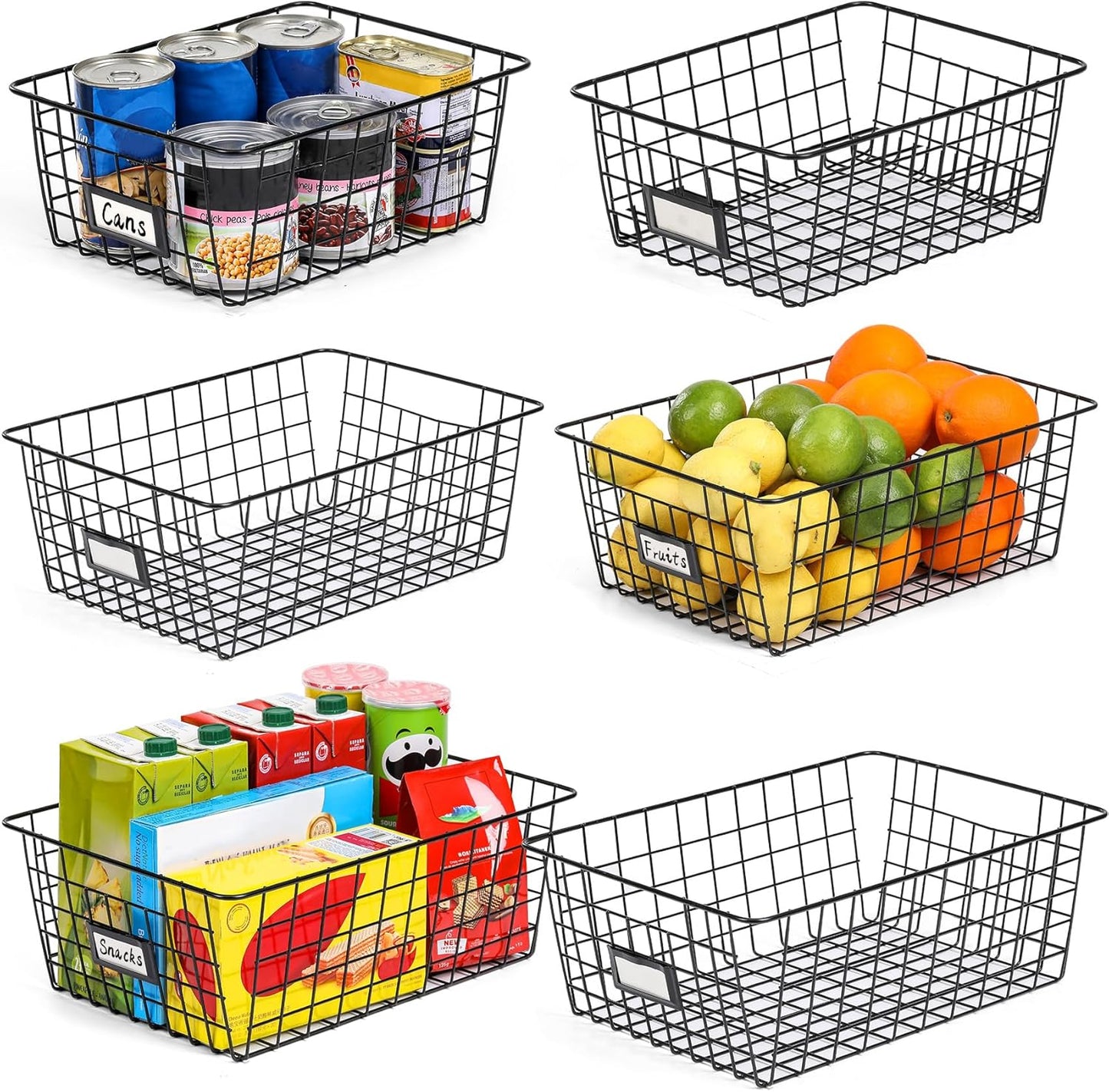 6 Pack Wire Baskets for Pantry Organization and Storage, Kitchen Organizer, 2 Xxlarge & 2 Xlarge & 2 Large
