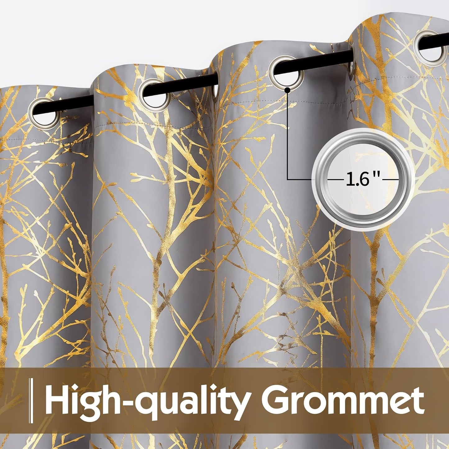 100% Blackout Curtains for Bedroom, Curtains 84 Inches Long Gold on Grey Tree Curtains for Living Room, Gold Foil Room Darkening Thermal Insulated Branch Curtain, 2 Panels Grommet Top