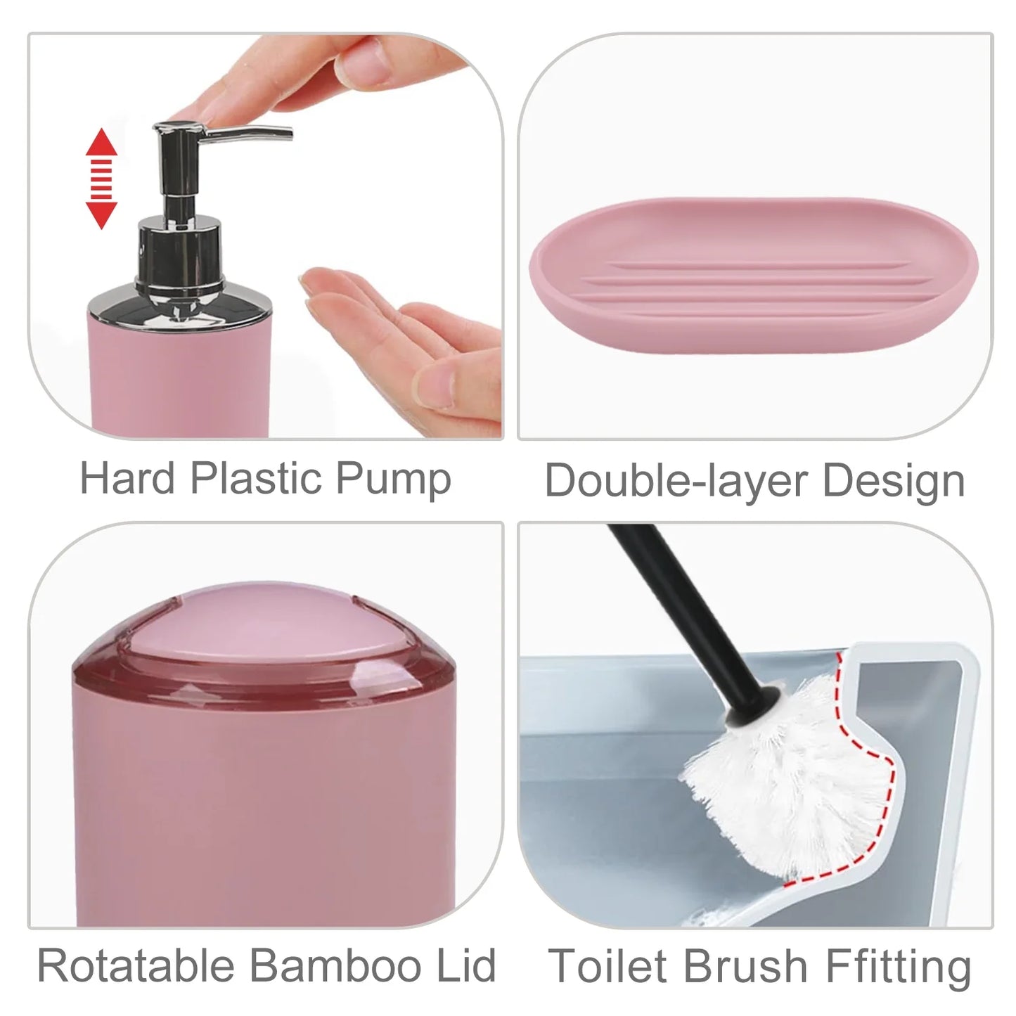 Bathroom Accessories Set 6 Pcs Bathroom Set Ensemble Complete Soap Dispenser Toothbrush Holder Tumbler Soap Dish Toilet Cleaning Brush Trash Can, Pink