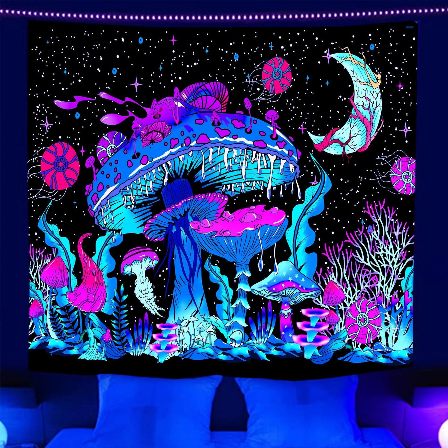 Blacklight Mushroom Tapestry Wall Tapestry Monster Tapestry Wall Hanging for Bedroom, Living Room,91"X71"