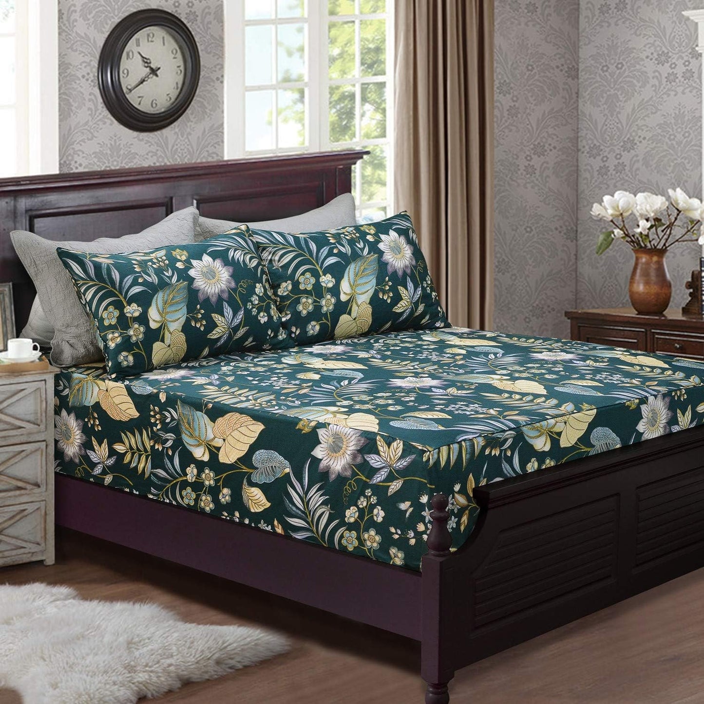 Sheets Set Queen Teal Elegant Floral Sheets Tropical Plam Leave Sunflower Bedding 800 Thread Count Luxury Summer Bedding 100% Egyptian Cotton Deep Pocket Bed Sheets Set, 4 Pieces-Queen Size