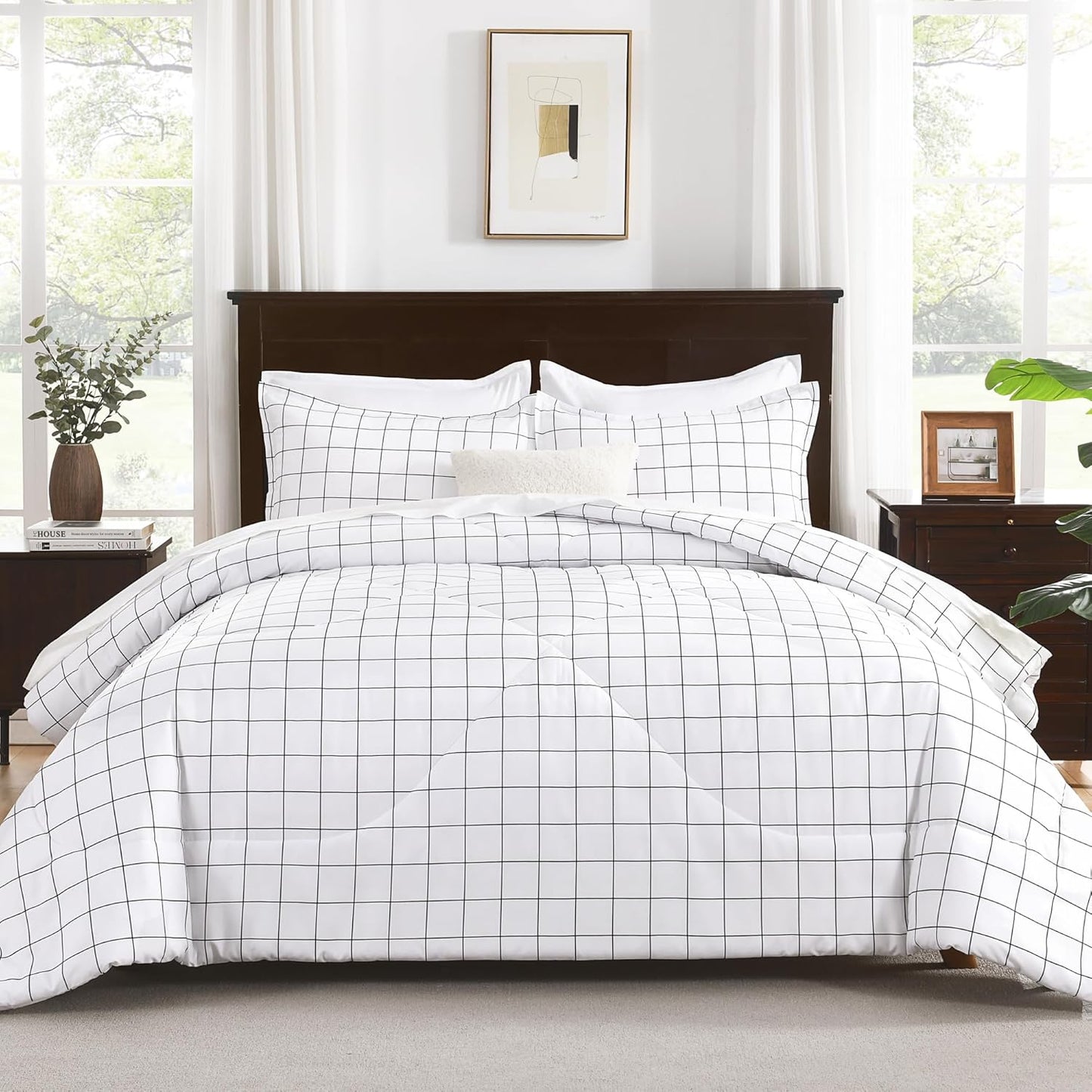 White Grid Comforter Set Queen Size (90X90 Inch), 3 Pieces(1 Grid Comforter and 2 Pillowcases), Summer Lightweight Microfiber down Alternative White Comforter with Black Lines