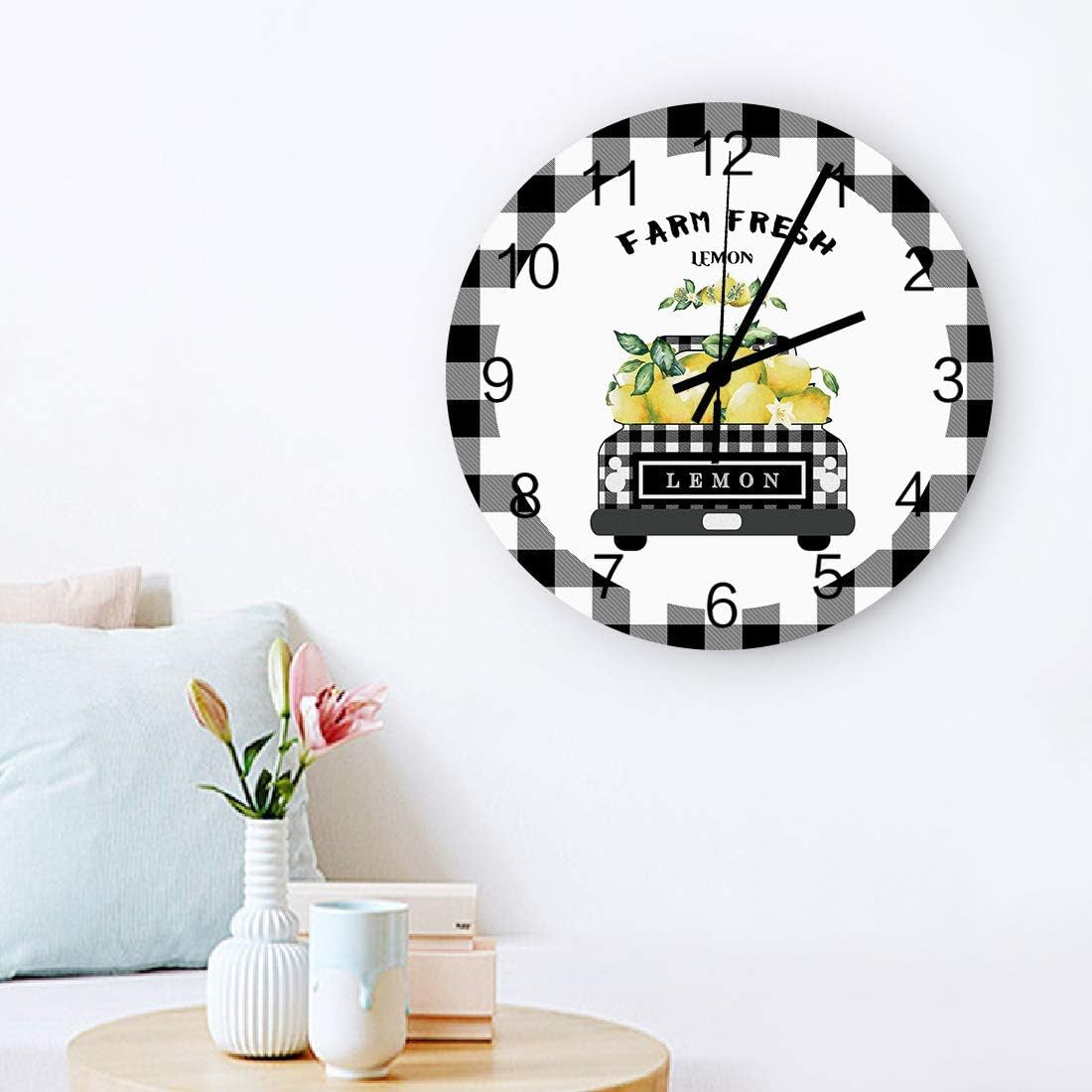 Wooden round Wall Clock 12'' Silent Battery Operated Non Ticking Clock, Black Grey Buffalo Plaid Farm Truck Carry Lemons Noiseless Office Kitchen Bedroom Wall Clock Home Decor
