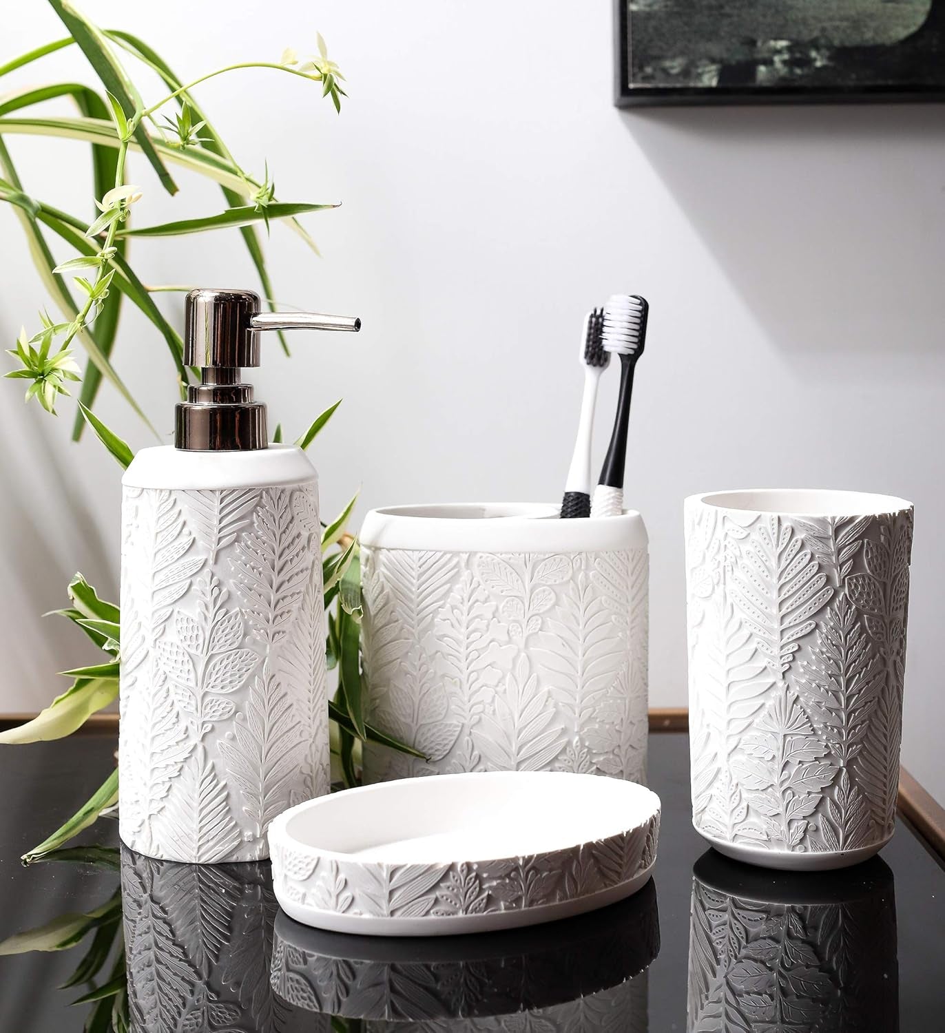 Bathroom Accessories Set,Toothbrush Holder,Farmhouse Decor,4 Pcs Resin Gift Apartment Necessities, Contain Toothbrush Cup,Soap Dispenser & Dish,Tumbler