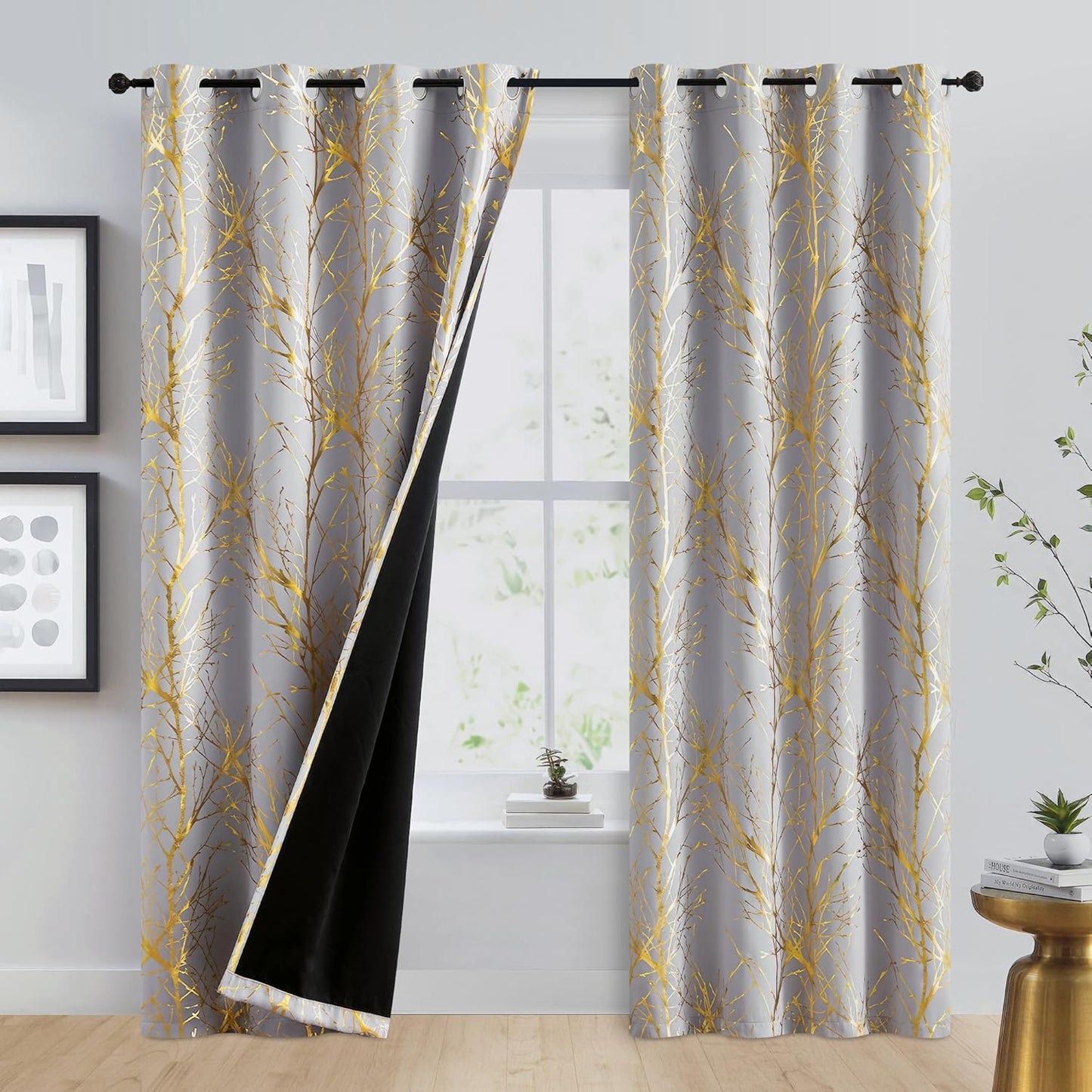 100% Blackout Curtains for Bedroom, Curtains 84 Inches Long Gold on Grey Tree Curtains for Living Room, Gold Foil Room Darkening Thermal Insulated Branch Curtain, 2 Panels Grommet Top