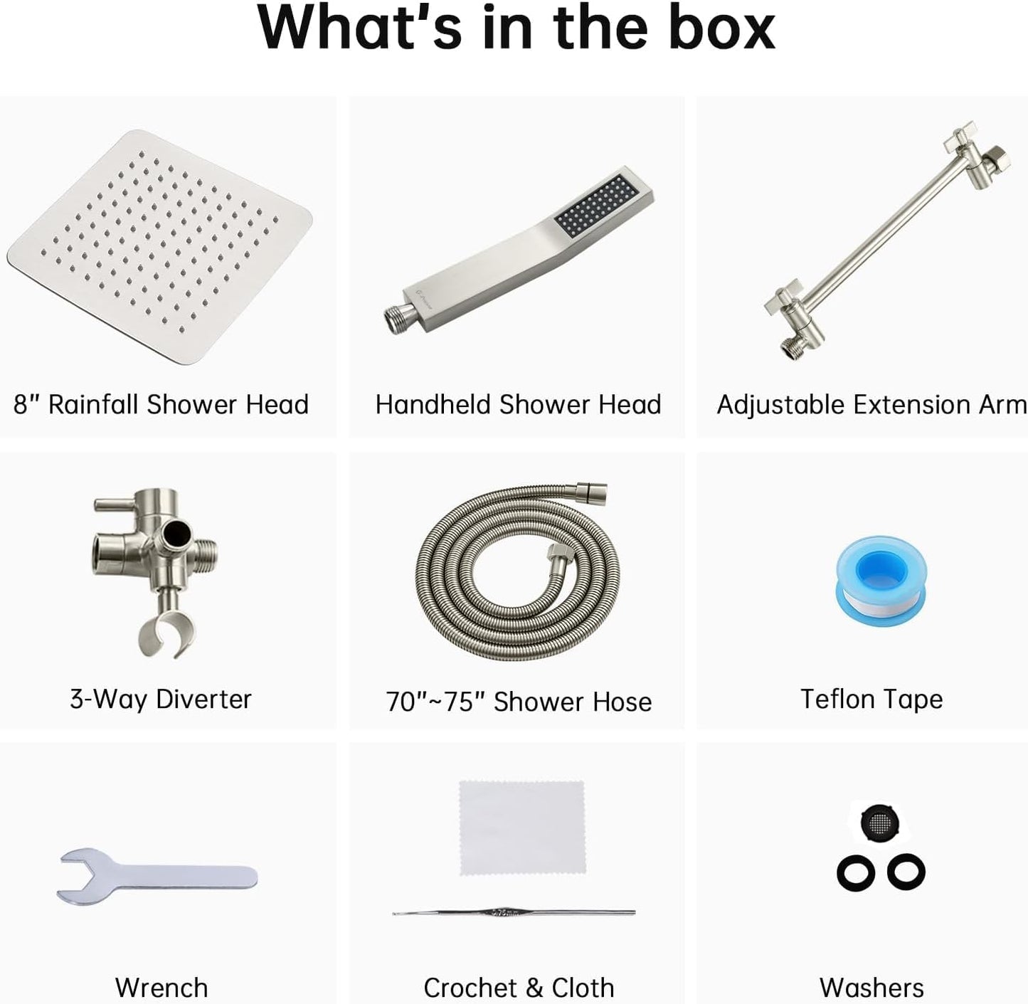 All Metal 8 Inch Dual Square Shower Head with Handheld Spray Combo, Rain Shower Head, Adjustable Extension Arm, 3-Way Diverter, 71 Inch Extra Long Hose - a Bathroom Upgrade (Brushed Nickel)
