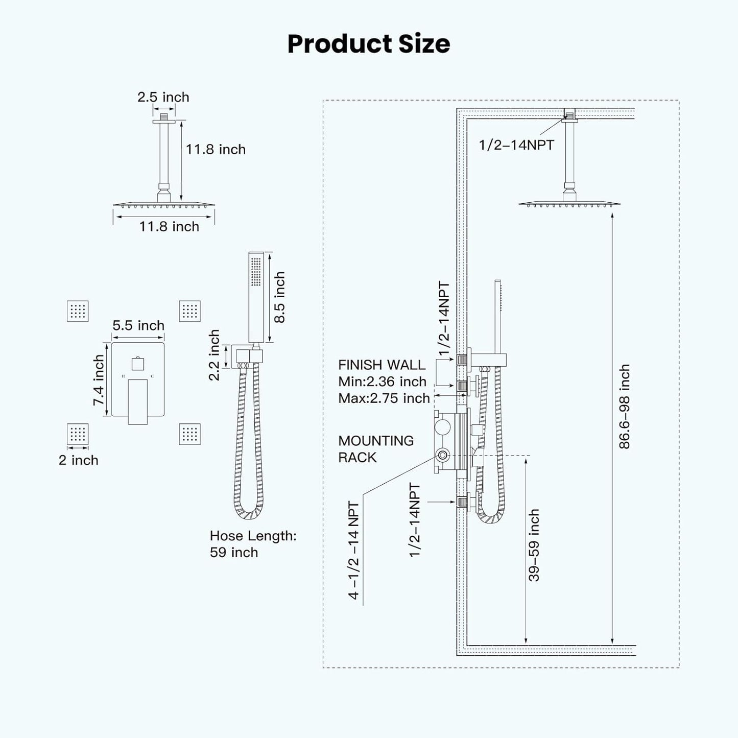Ceiling Mount Rain Shower Faucet Set with 4 Body Spray Jets Rainfall Shower Head and Handheld Sprayer Multi Shower System Rough-In Valve and Trim Included 12 Inch Shower Head,Matte Black