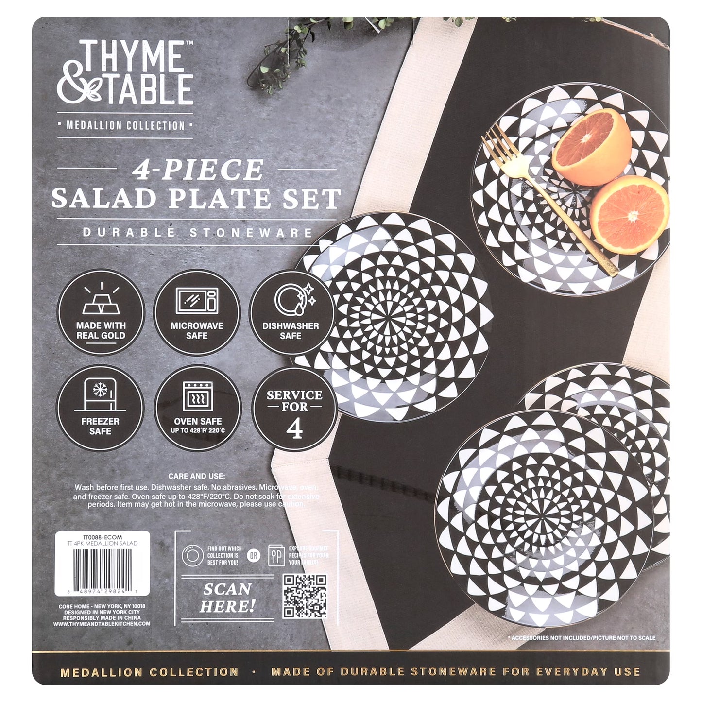 Thyme & Table Dinnerware Black & White Medallion Stoneware Salad round Plates (4 Count)