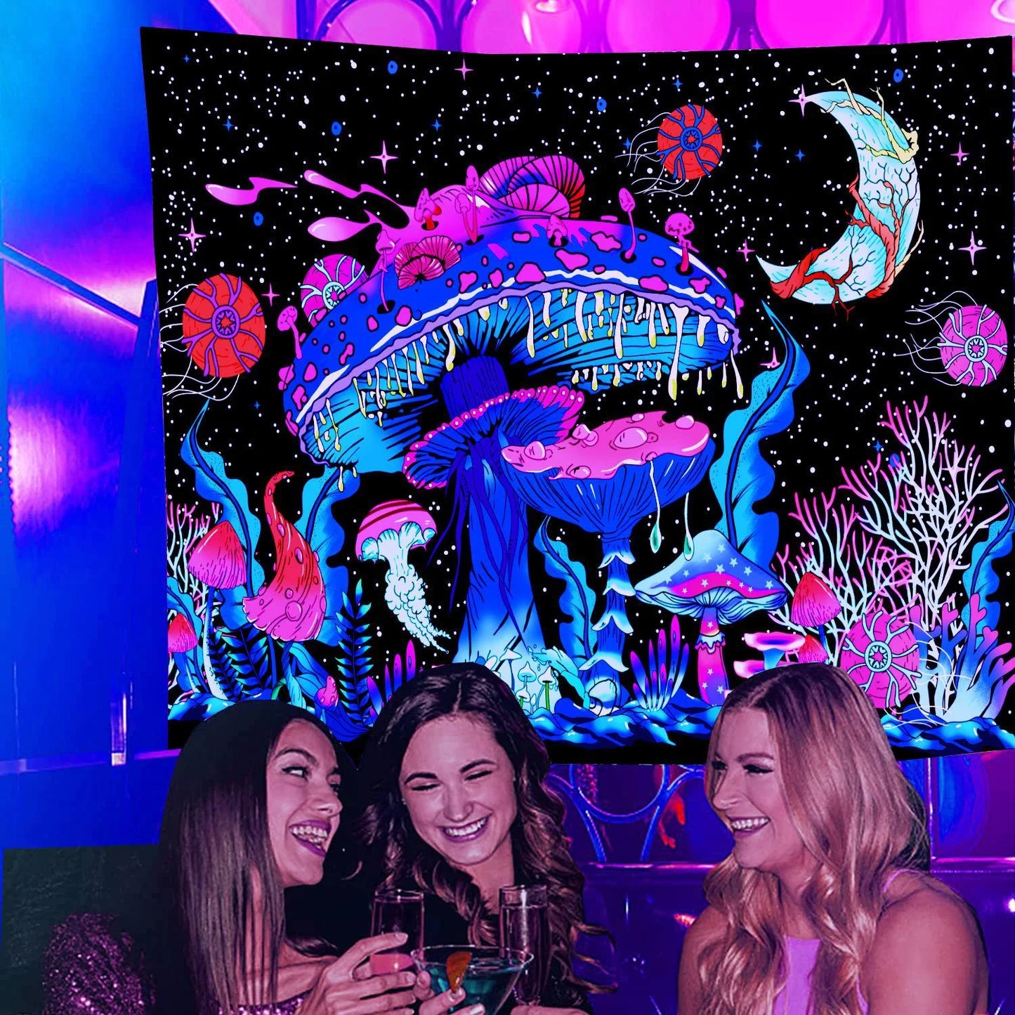 Blacklight Mushroom Tapestry Wall Tapestry Monster Tapestry Wall Hanging for Bedroom, Living Room,91"X71"