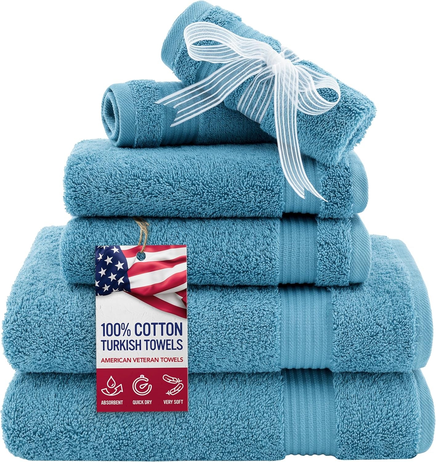 , 6 Piece Towel Set for Bathroom, 100% Cotton Turkish Bathroom Towels, 2 Bath Towels 2 Hand Towels 2 Washcloths, Sky Blue