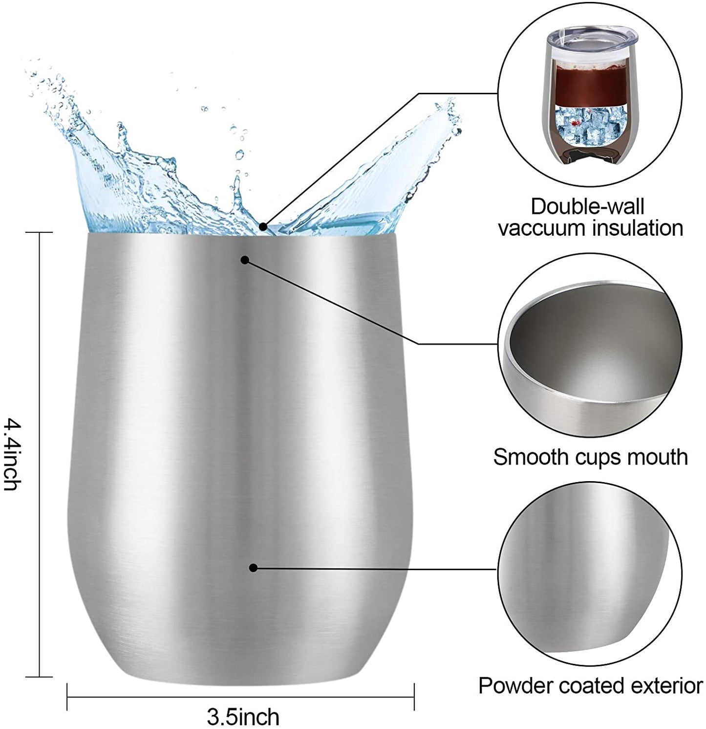 12 Pack Stainless Steel Wine Tumblers, 12Oz Double Wall Vacuum Insulated Wine Tumblers with Lids and Straws, Stainless Steel Stemless Wine Glasses for Coffee, Wine, Cocktails, Champaign, Silver