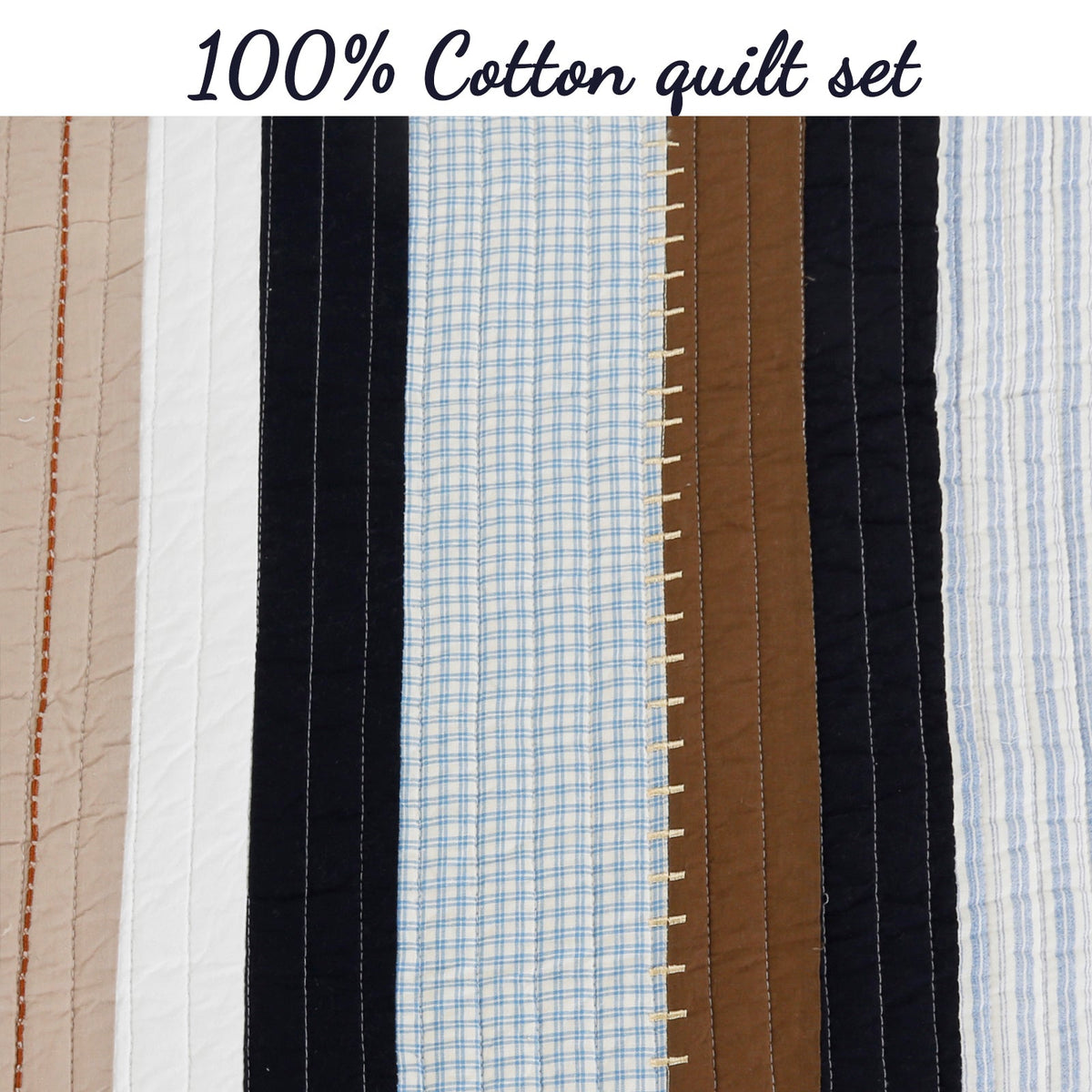 Nathan Stripe Blue Brown Patchwork Reversible Quilt Bedding Set