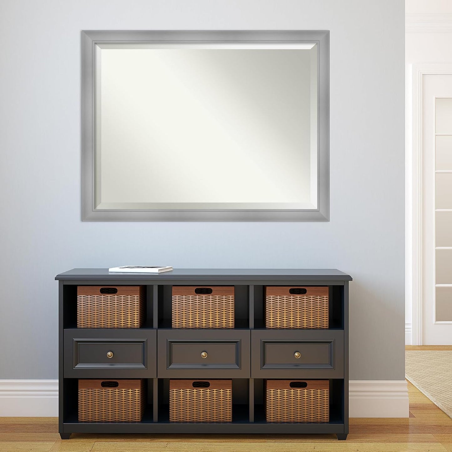 Silver Wall Mirror 34X44 Flair Polished Nickel Rectangle Bathroom Mirror for Wall Decor Living Room, X-Large Casual Frame, Hangs Horizonally and Vertically, Bathroom Decor, Beveled Edge