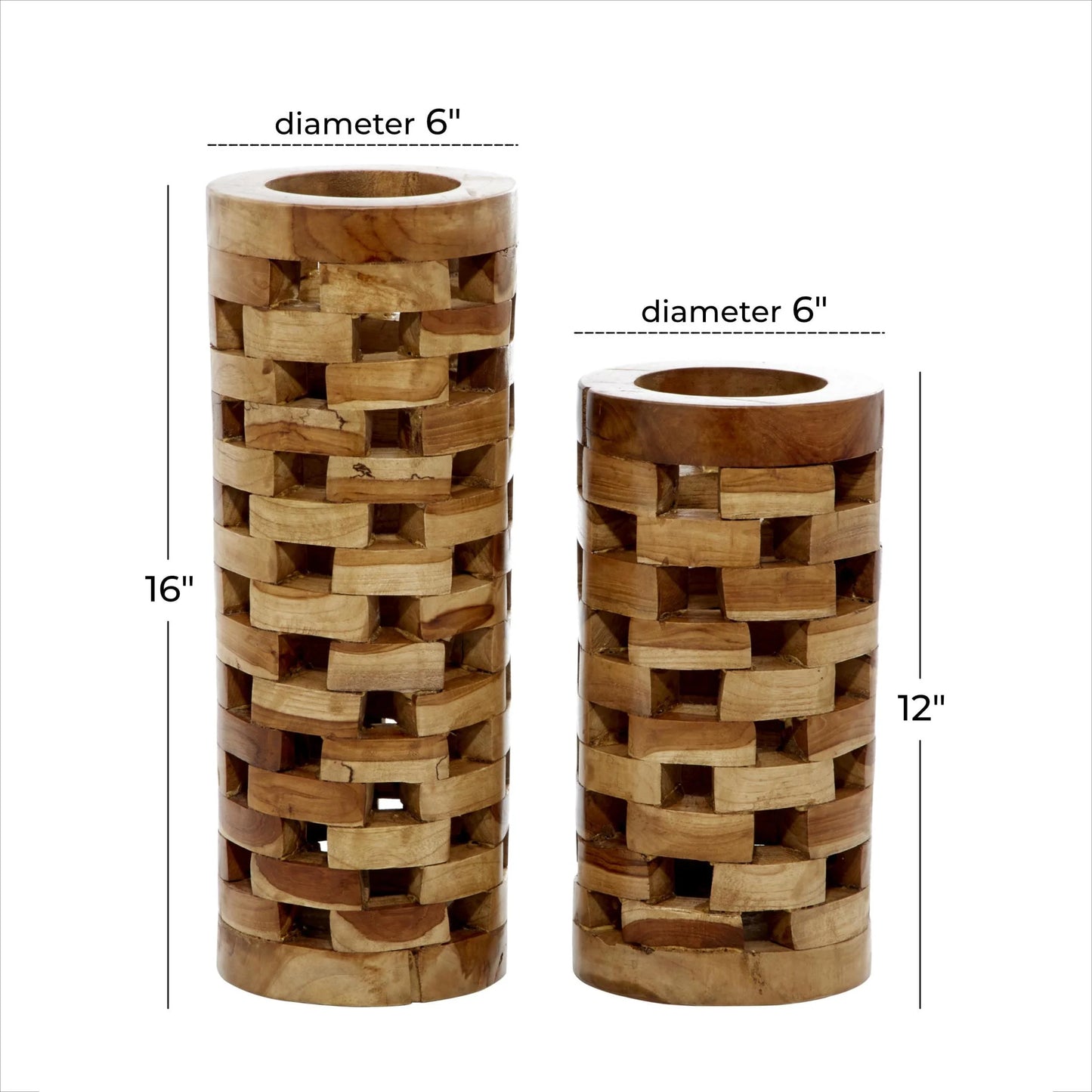 16", 12"H Handmade Brown Teak Wood Vase with Cut Out Patterns, Set of 2