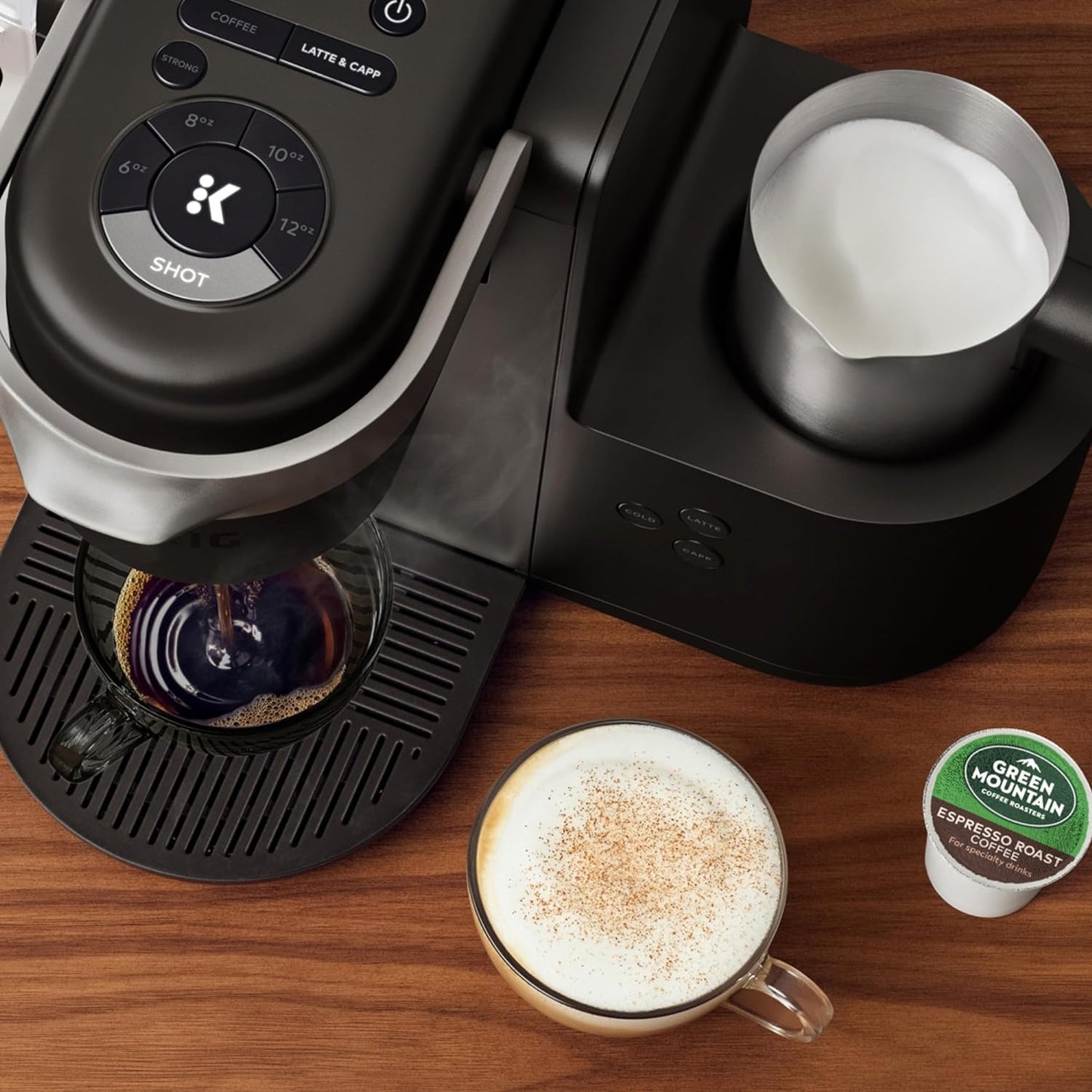 K-Cafe Single-Serve K-Cup Coffee Maker, Latte Maker and Cappuccino Maker, Comes with Dishwasher Safe Milk Frother, Coffee Shot Capability, Compatible with All K-Cup Pods, Dark Charcoal