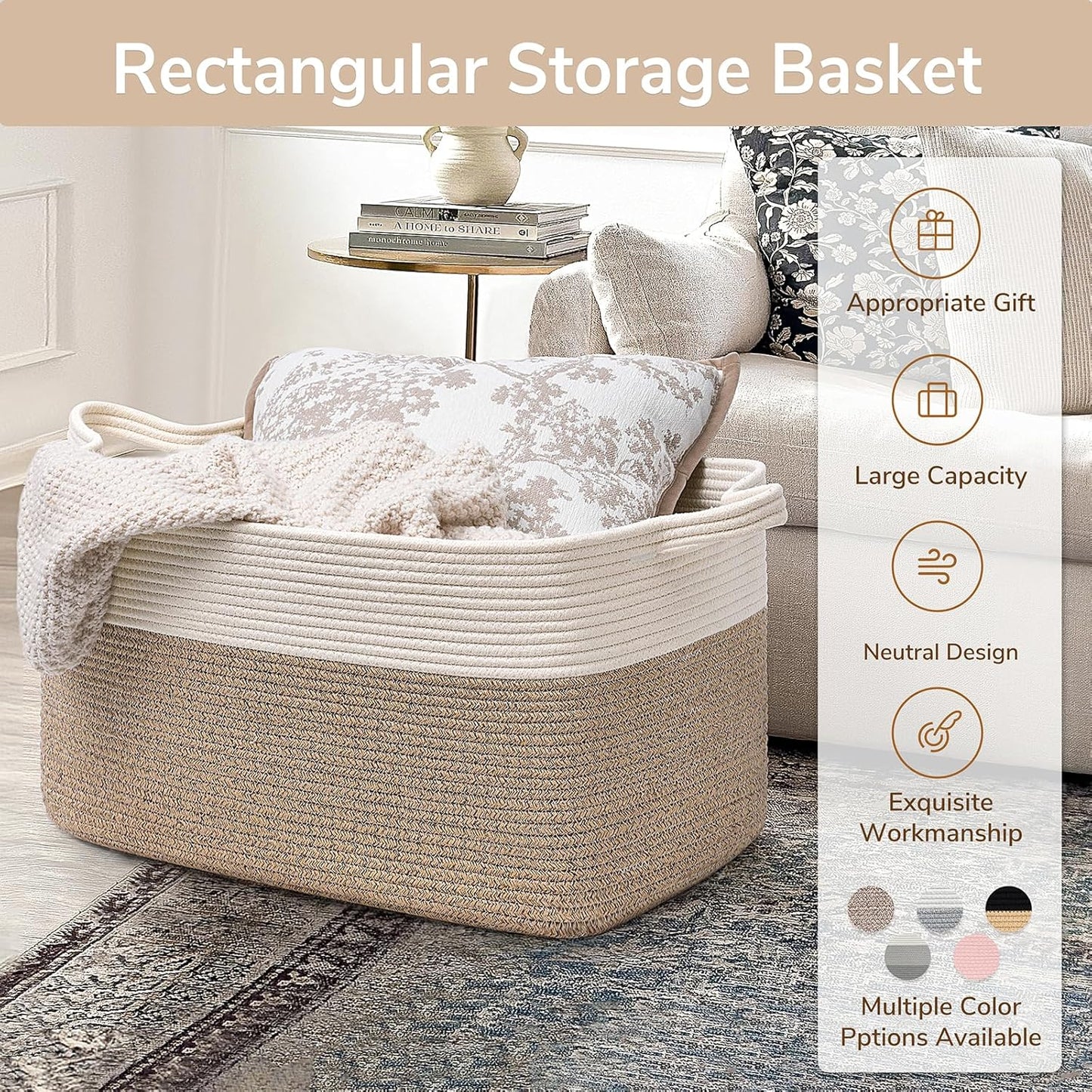 Large Woven Rope Blanket Basket, Rectangle, White & Light Brown | 21.6" × 14.9" × 11.8" Storage Basket for Pillows & Toys Laundry, Nursery & Living Room Organization, Reinforced Handles