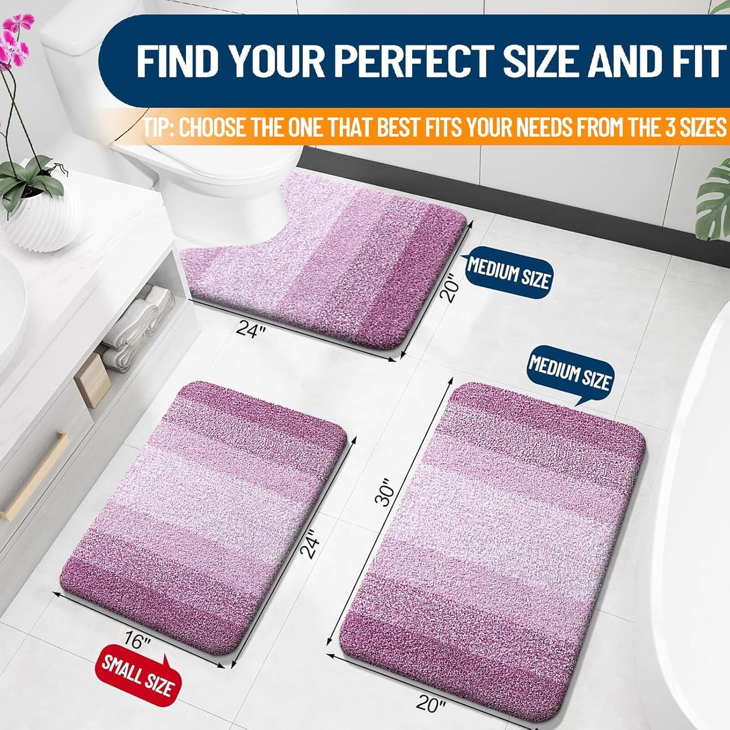 Bathroom Rugs Mat 24X16, Extra Soft Absorbent Microfiber Bath Rugs, Rubber Backing, Quick Dry, Washable Bath Mats for Bathroom Floor, Tub and Shower, Home Decor Accessories, Pinkish-Purple