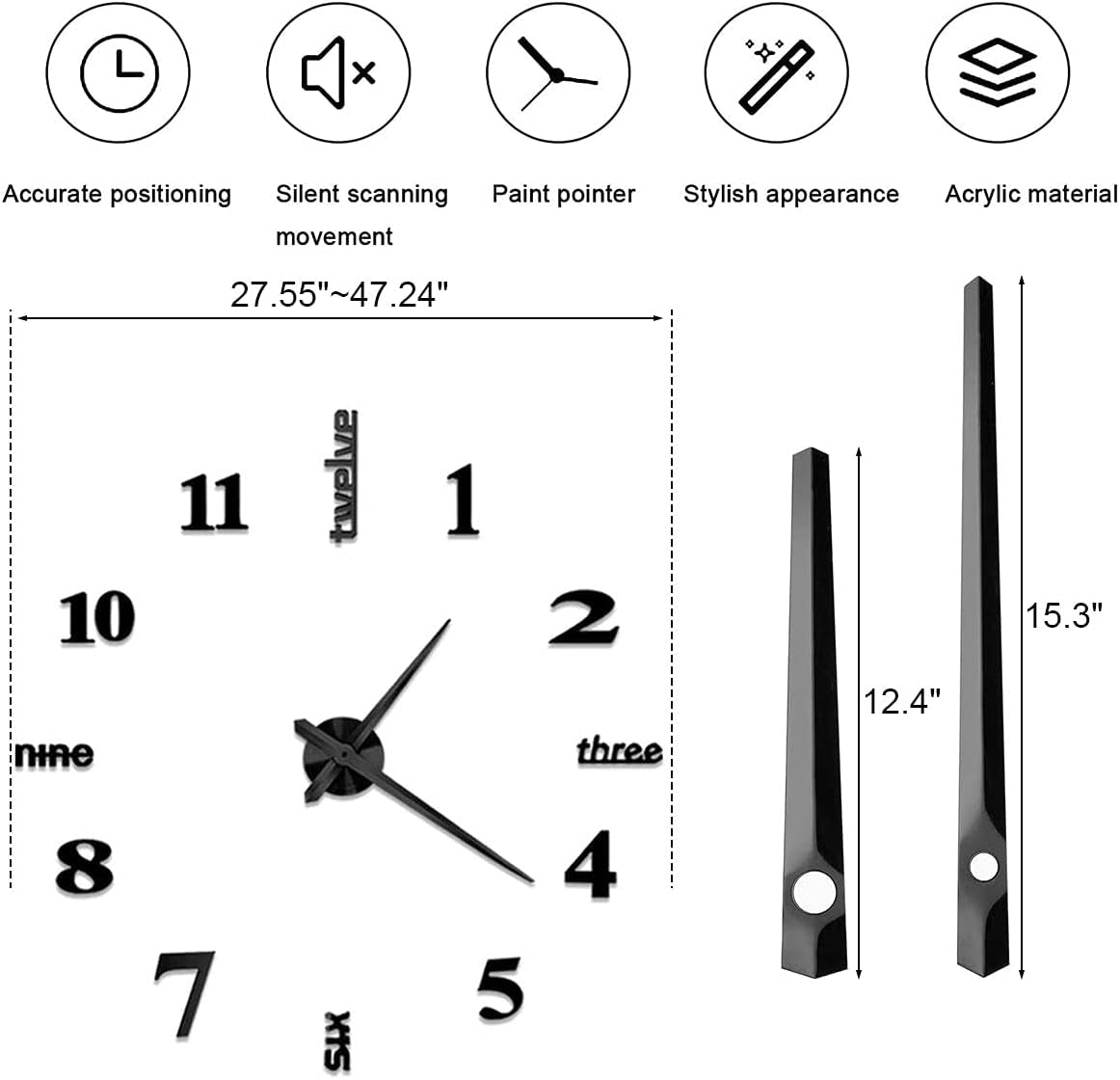 3D DIY Large Wall Clocks for Living Room Decor, Wall Clock Stickers Frameless Mirror Surface Wall Sticker Home Decor Silent Modern Wall Clocks for Bedroom Kitchen Office School Wall Decoration(Silver)