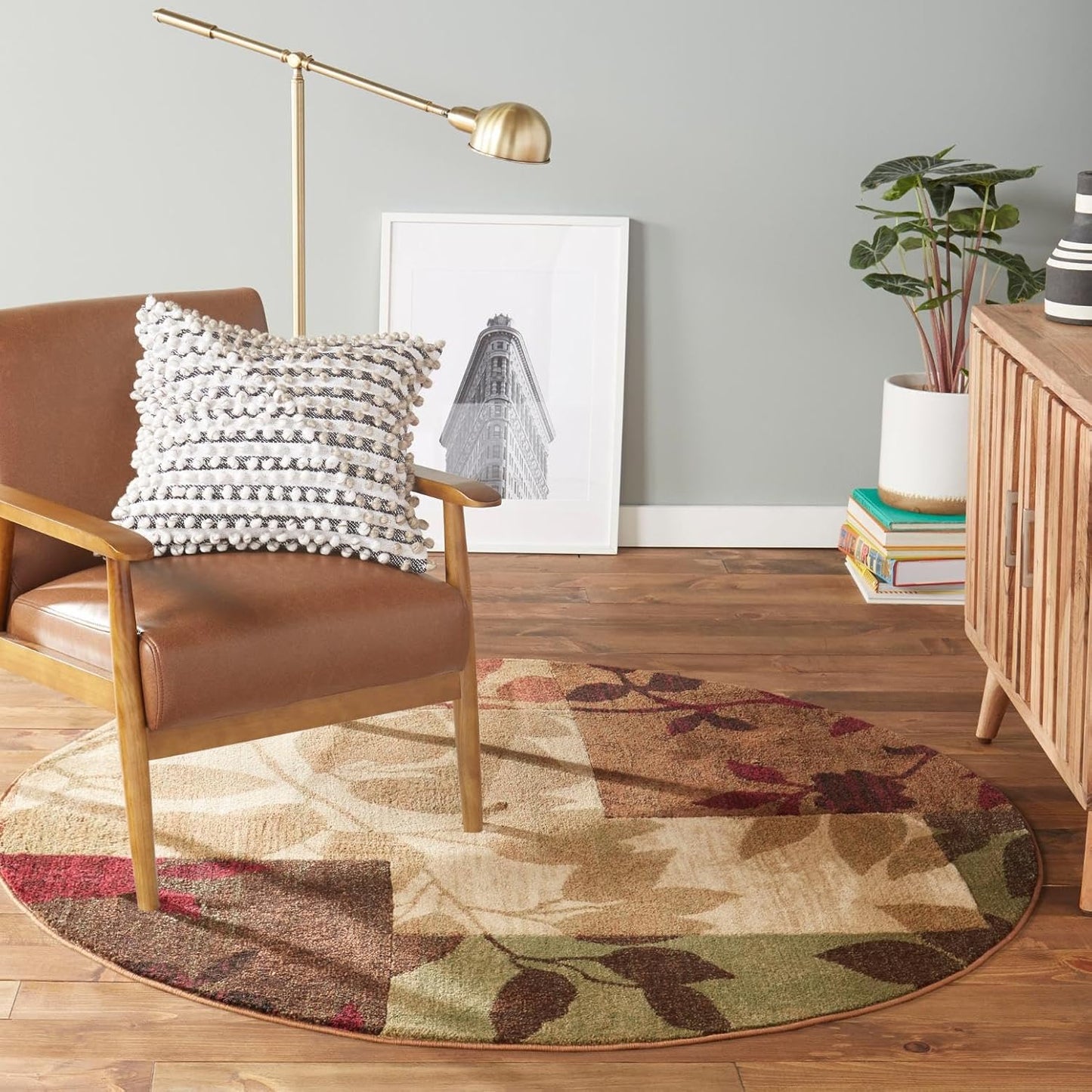Amelia Modern Area Rug | 5'2" round | Beige/Green/Red