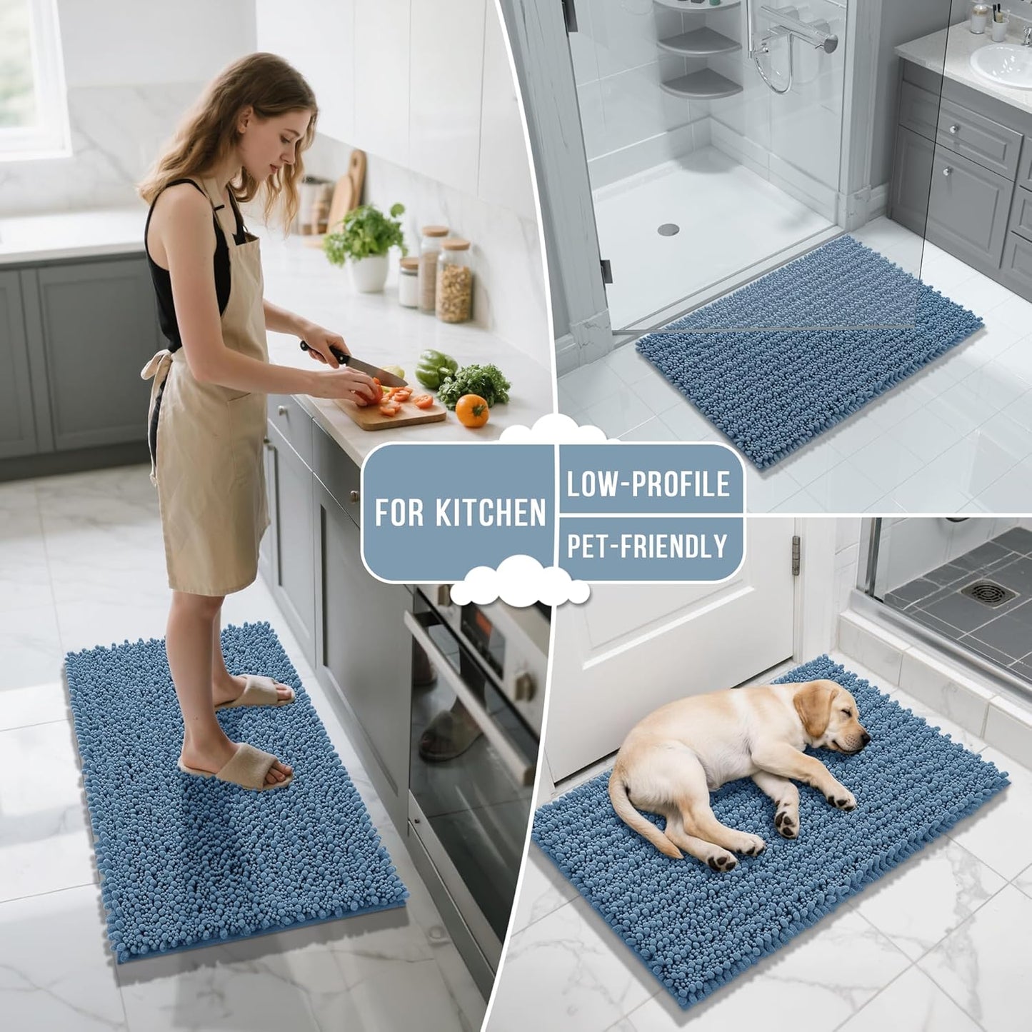 Bathroom Rugs Non Slip Washable 24X17 Inch - Ultra Soft Absorbent Chenille Bath Mat, Quick Dry Shaggy Floor Carpet for Tub Shower, Denim Blue Home Decor Accessories
