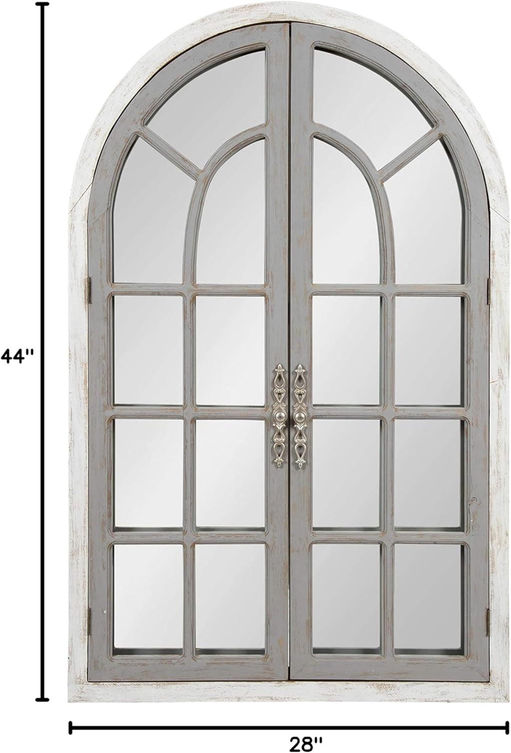 Boldmere Large Traditional Wood Windowpane Arch Mirror, 28X44, Gray and White