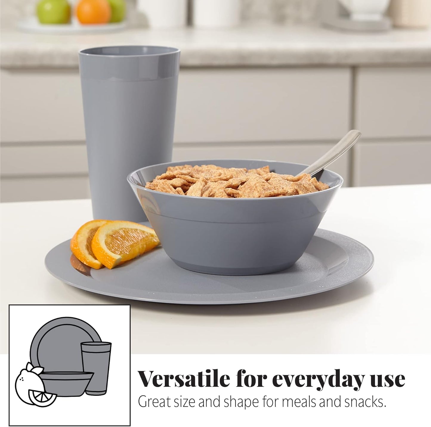 Newport Plastic Plate, Bowl and Tumbler Dinnerware Set for 4 in Grey Stone | 12-Piece Drinking and Dining Set | Reusable, Bpa-Free, Made in the USA, Top-Rack Dishwasher Safe
