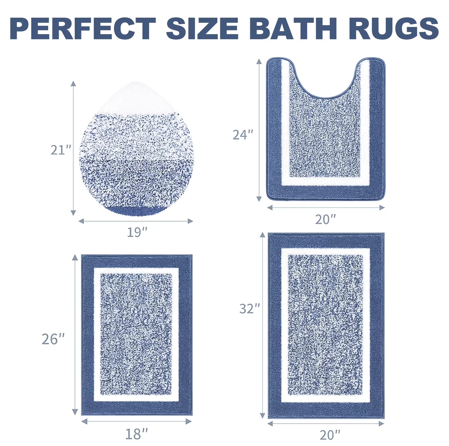 4Pcs Bathroom Rugs Set with U-Shaped Mat, Non Slip, Quick Drying, Ultra Soft and Water Absorbent Bath Rug Mat Carpet Machine Washable 18"X26"+20"X32"+U 20"X24"+19"X21" Blue
