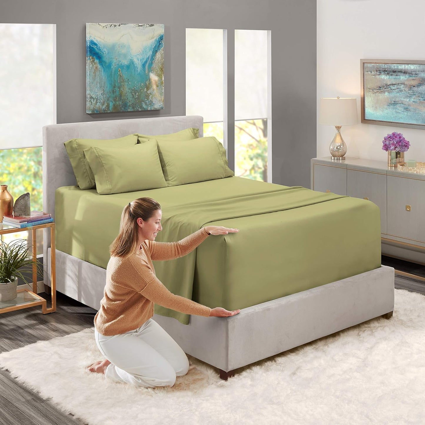 Luxury Soft 6 Piece Bed Sheet Set Extra Deep Pocket Fitted Sheets Fits Mattress up to 21", Double Brushed Bedding, Queen, Sage