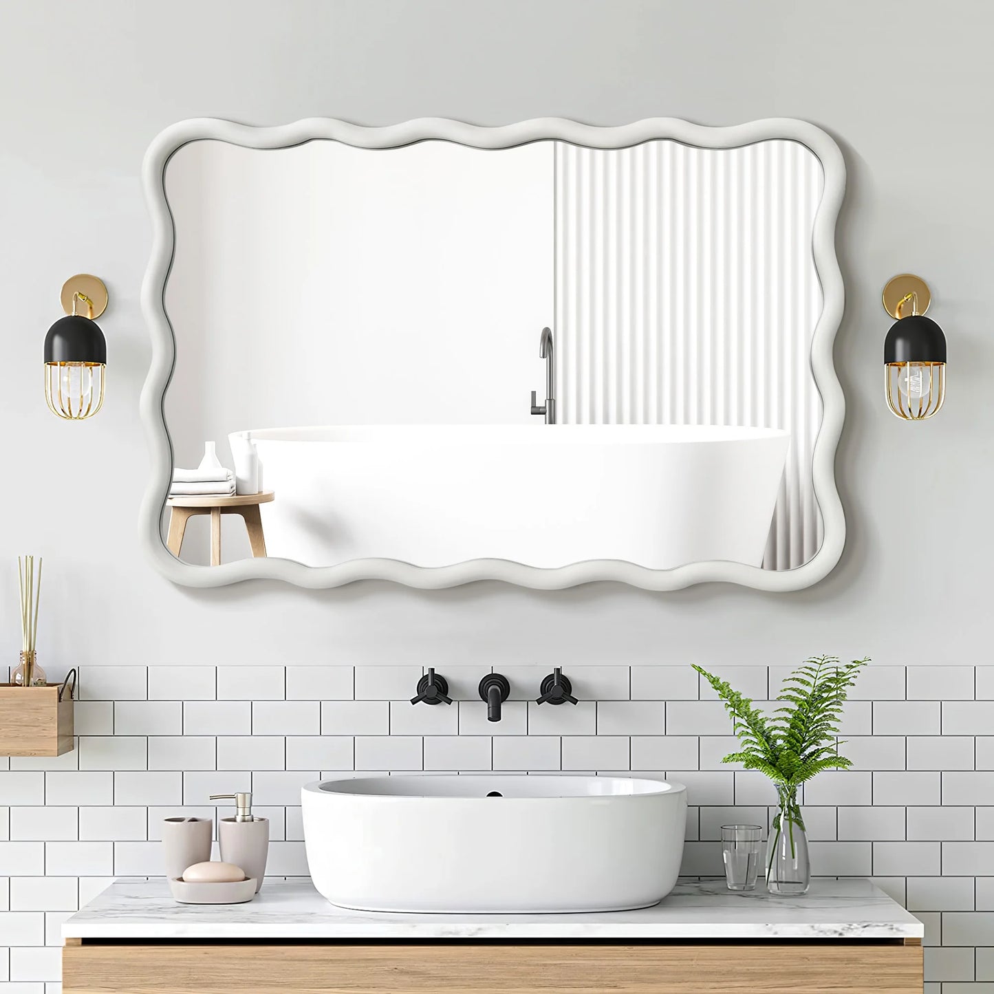 Wavy Mirrors Wall Mirror, 30"X20" Bathroom Mirror Wood Framed, White