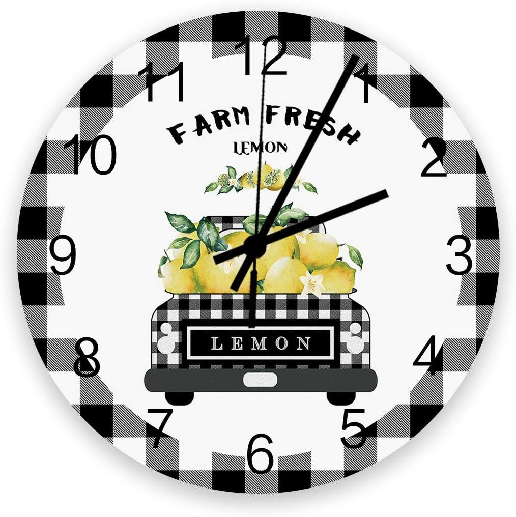 Wooden round Wall Clock 12'' Silent Battery Operated Non Ticking Clock, Black Grey Buffalo Plaid Farm Truck Carry Lemons Noiseless Office Kitchen Bedroom Wall Clock Home Decor