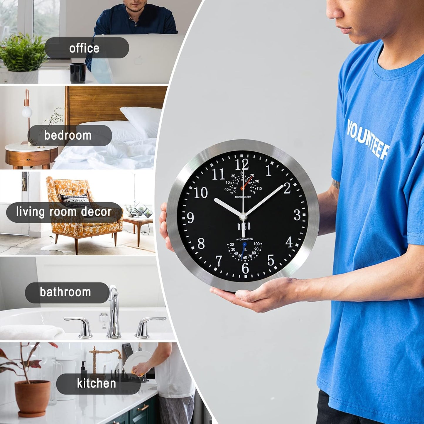 10 Inch Silent Wall Clock Battery Operated Non Ticking Glass Cover Silver Aluminum Frame, for Kitchen, Bedroom, Home Office, Living Room Decor (Black)