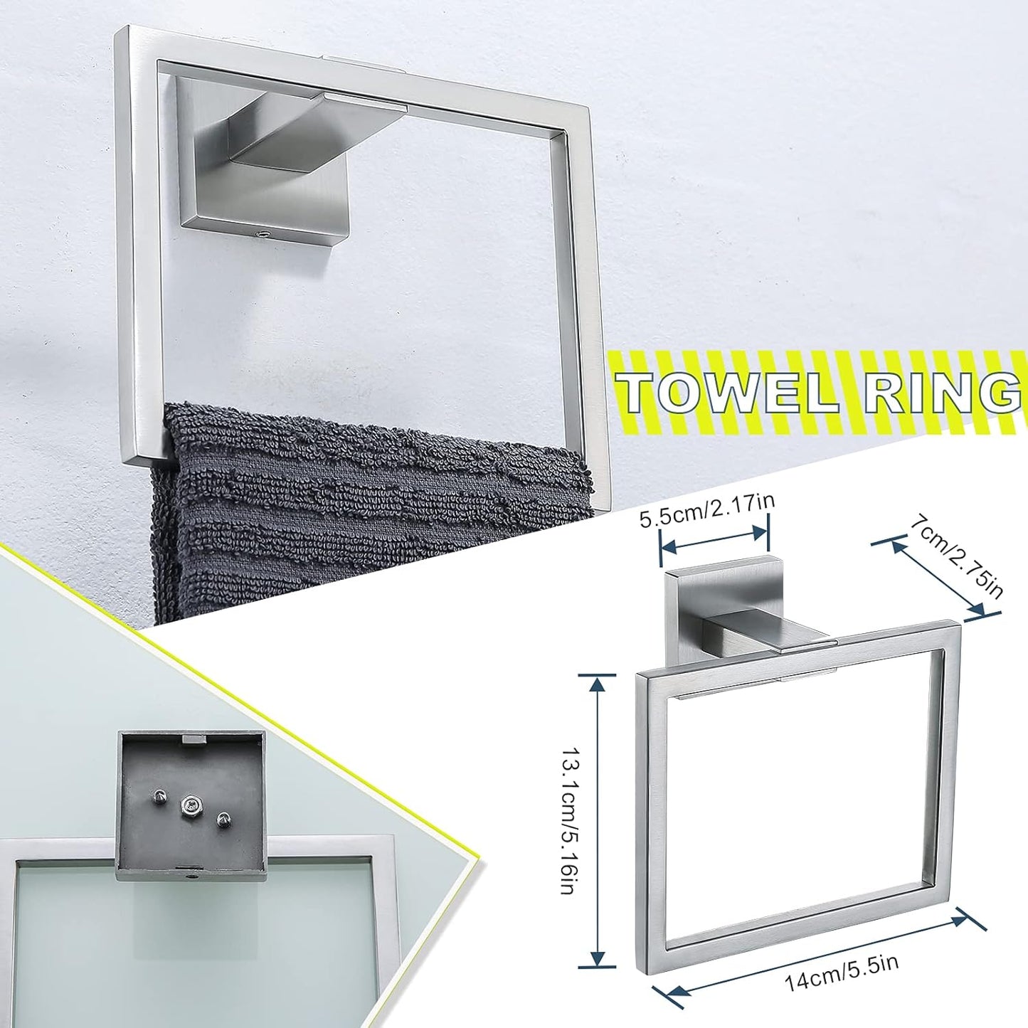 Brushed 4-Piece Bathroom Hardware Set Premium Stainless Steel Bath Towel Bar Sets Wall Mounted Square Bathroom Accessories Kit, 23.6 Inch Brushed Nickel