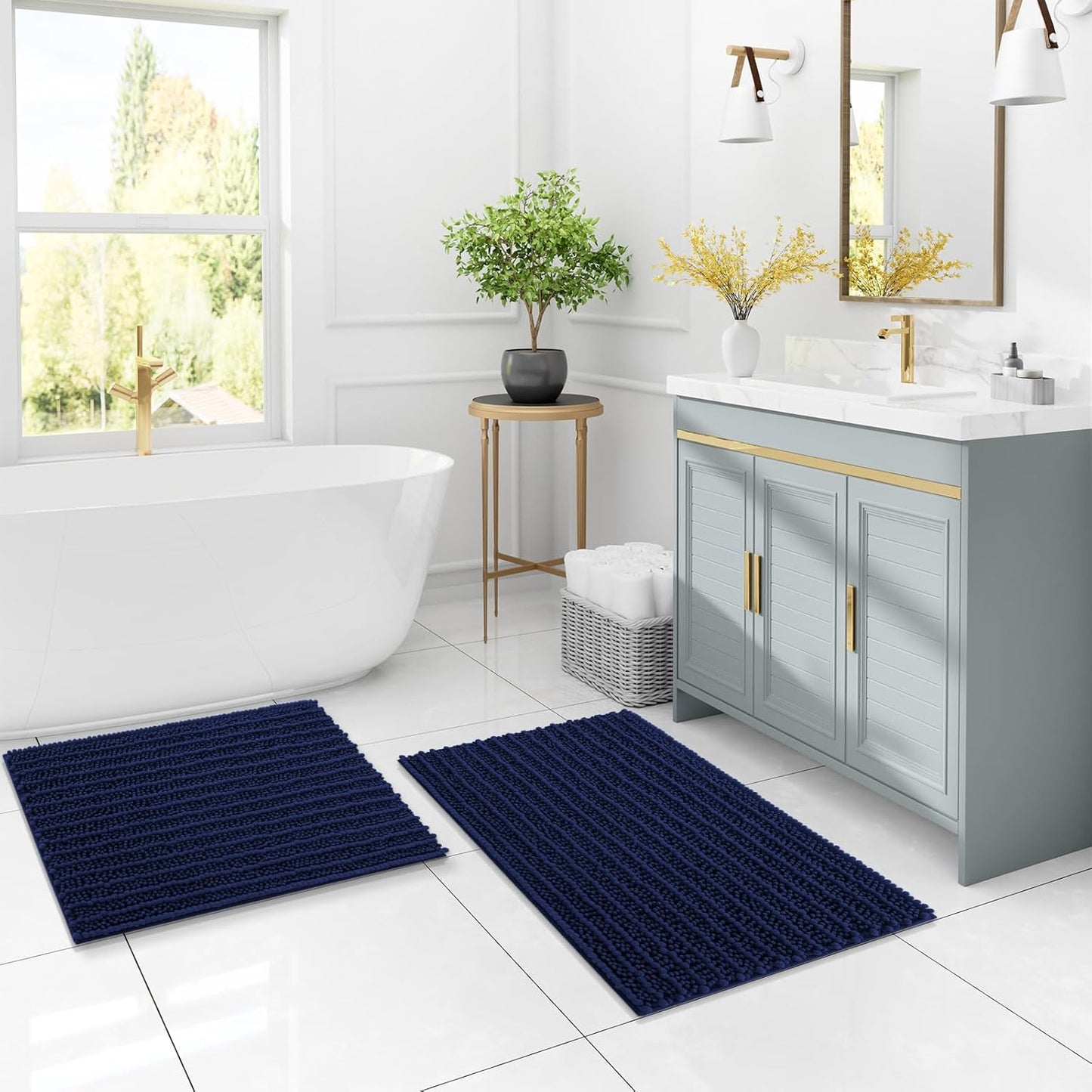 Luxury Chenille Bathroom Rug Mat, Extra Soft Thick Absorbent Shaggy Bath Rugs, Non-Slip Machine Wash Dry, Plush Bath Mats for Bathroom, Shower and Tub, 24X16, Navy
