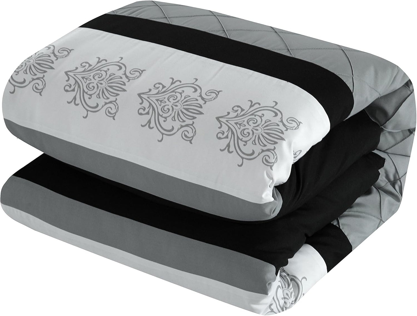 Clayton 10 Piece Comforter Set Pintuck Pieced Block Embroidery Bed in a Bag with Sheet Set, King Black Grey