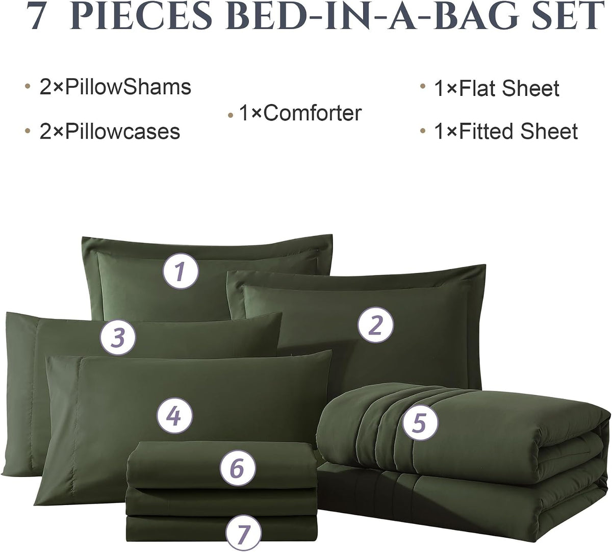 Queen Comforter Set-7 Pieces Green Soft Bed in a Bag Queen Bedding Sets