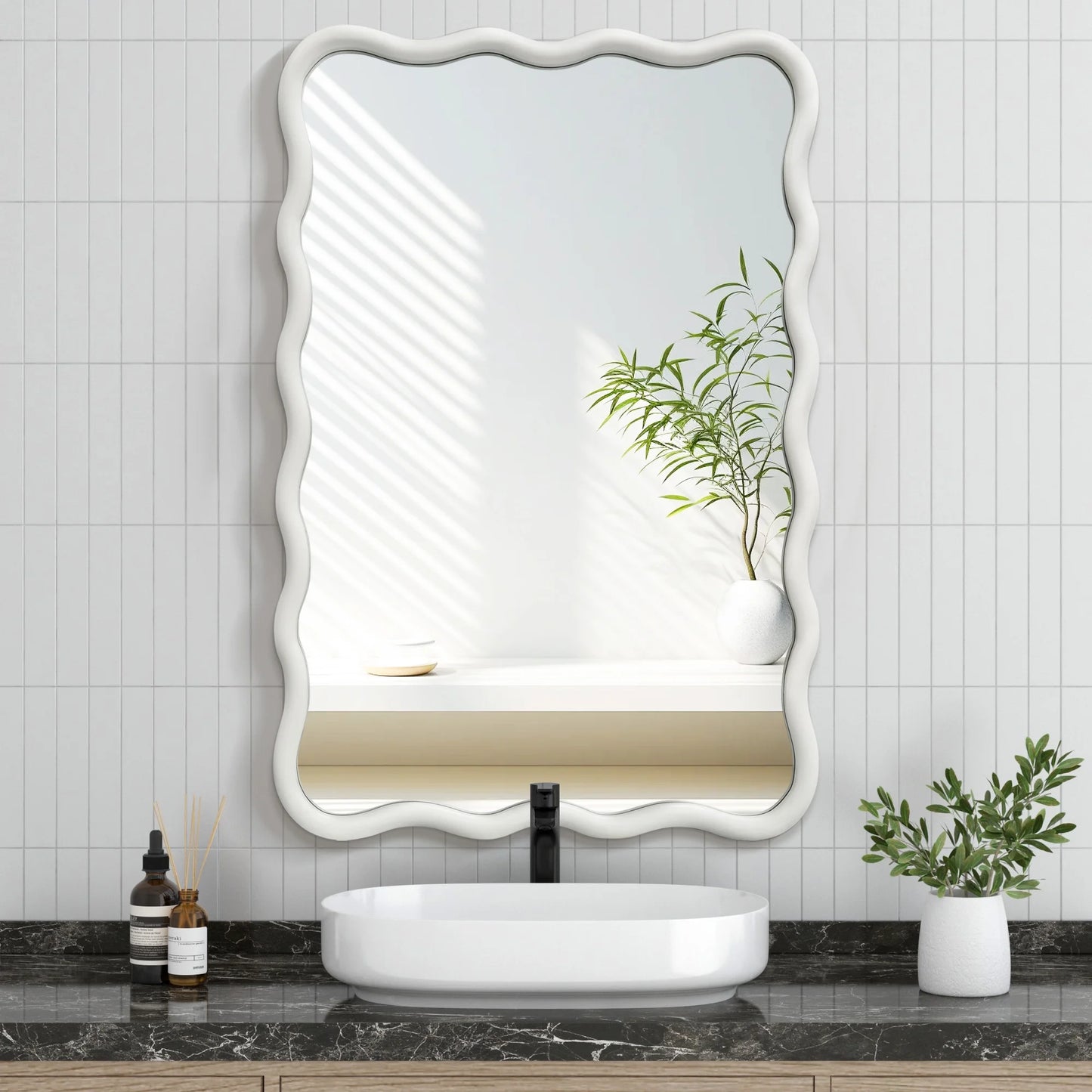 Wavy Mirrors Wall Mirror, 30"X20" Bathroom Mirror Wood Framed, White