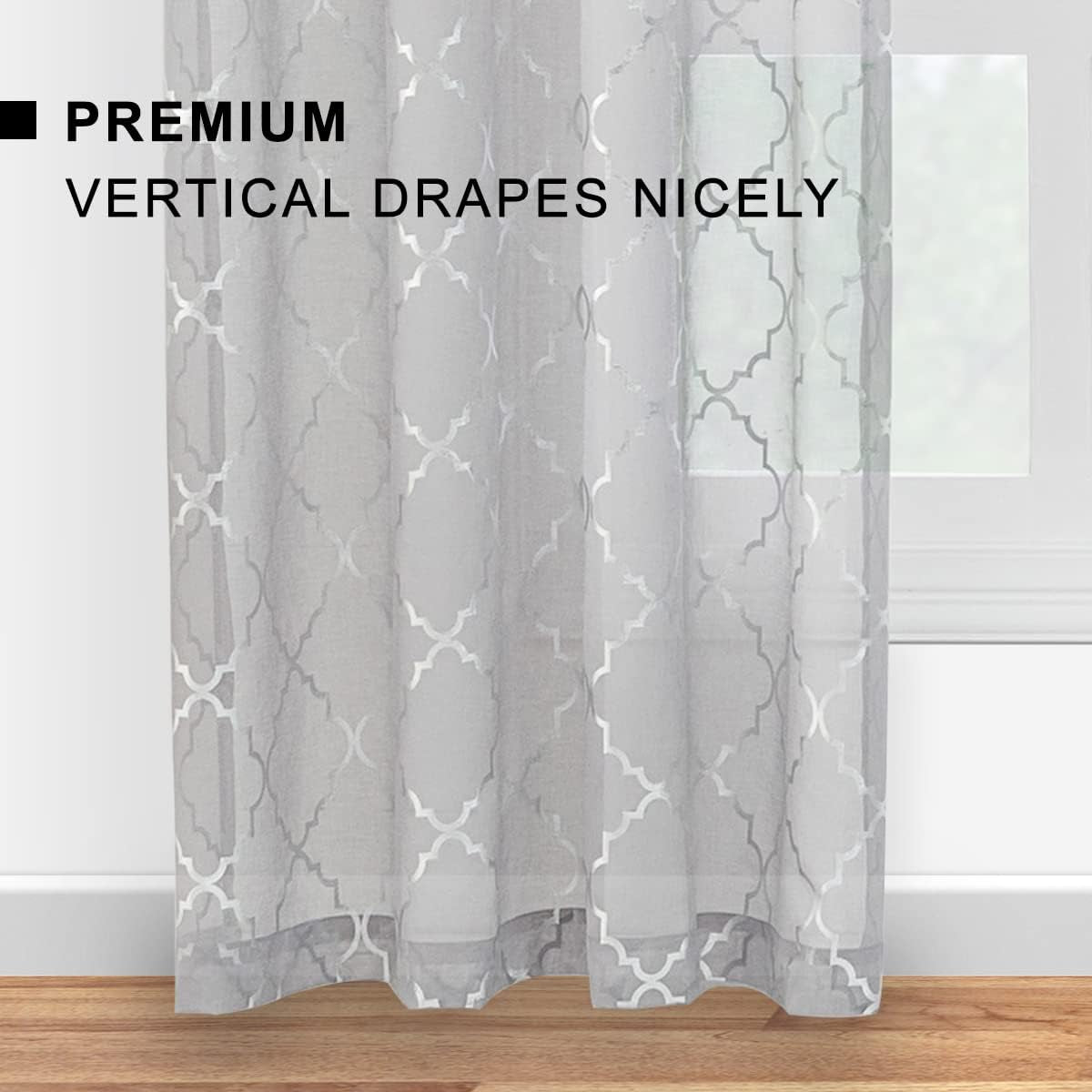 Silver Sheer Curtains 63 Inch Length 2 Panels Metallic Silver Moroccan Pattern Shimmer Sheer Curtains for Bedroom, Grommet Light Filtering Privacy Sprakle Sheer Window Curtains, W52 X L63 Inch