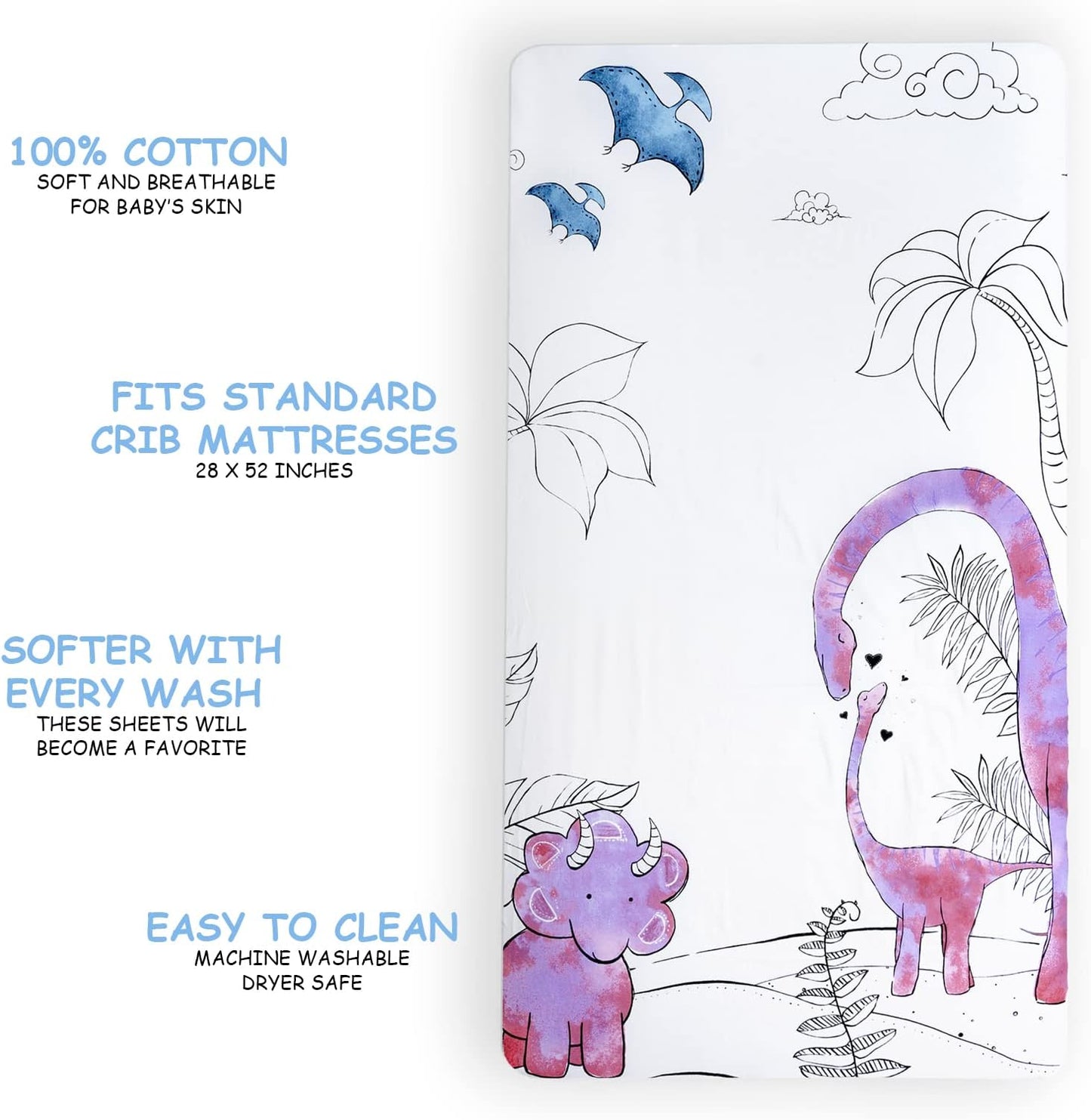 - Fitted Crib Sheet, Super Soft Breathable 100% Cotton Baby Crib Sheet for Standard Crib Mattresses and Toddler Beds, 28 In. X 52 In. - Pink Dinosaur