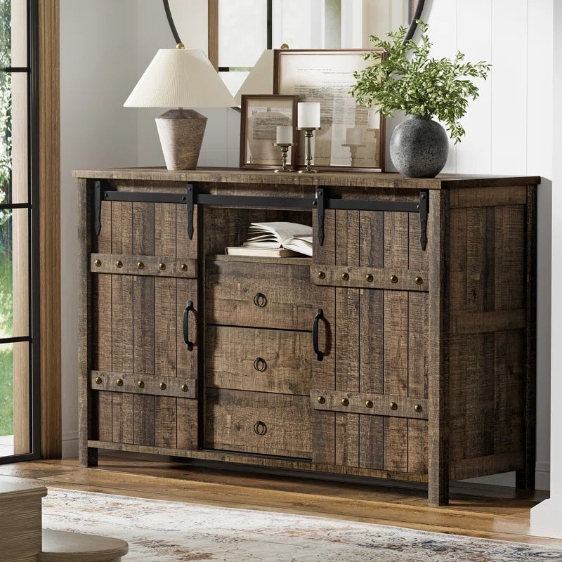 Wynny Farmhouse Wood Dresser with 3 Drawer and 2 Barn Door