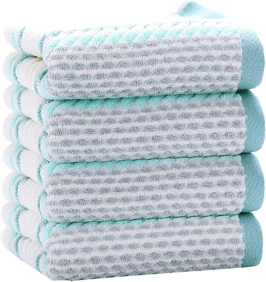 Hand Towels Set of 4 Striped Pattern 100% Cotton Soft Absorbent Decorative Towel for Bathroom (Green)