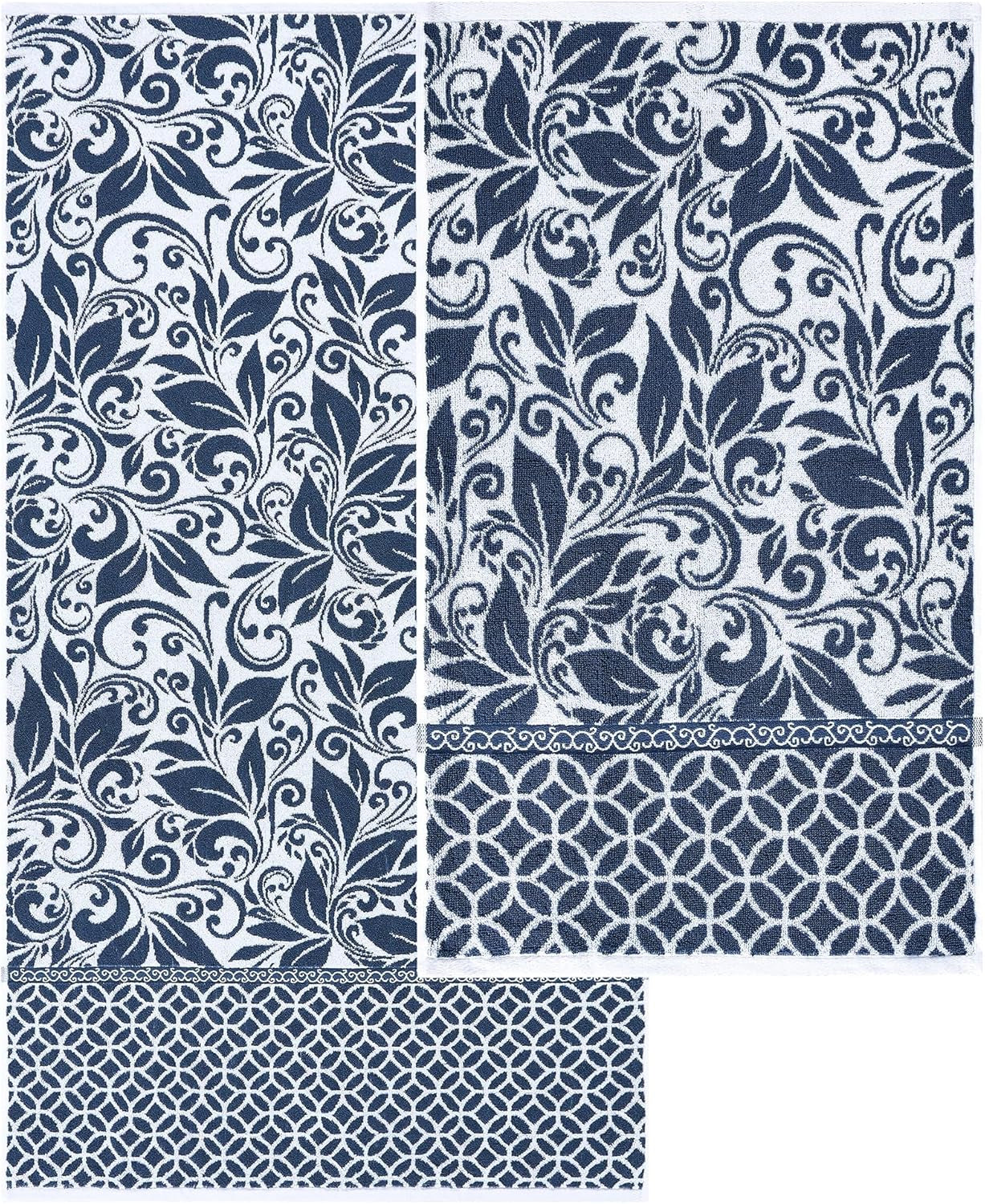 Trefoil Filigree 6-Piece 100% Cotton Towel Set – Reversible Yarn Dyed Jacquard – Includes 2 Bath Towels, 2 Hand Towels, 2 Washcloths – Absorbent, Quick Dry, Soft & Durable – Navy Blue
