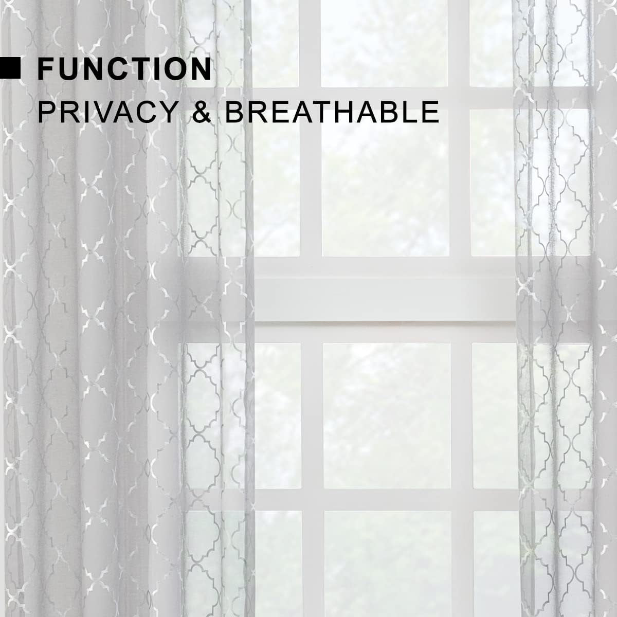 Silver Sheer Curtains 63 Inch Length 2 Panels Metallic Silver Moroccan Pattern Shimmer Sheer Curtains for Bedroom, Grommet Light Filtering Privacy Sprakle Sheer Window Curtains, W52 X L63 Inch