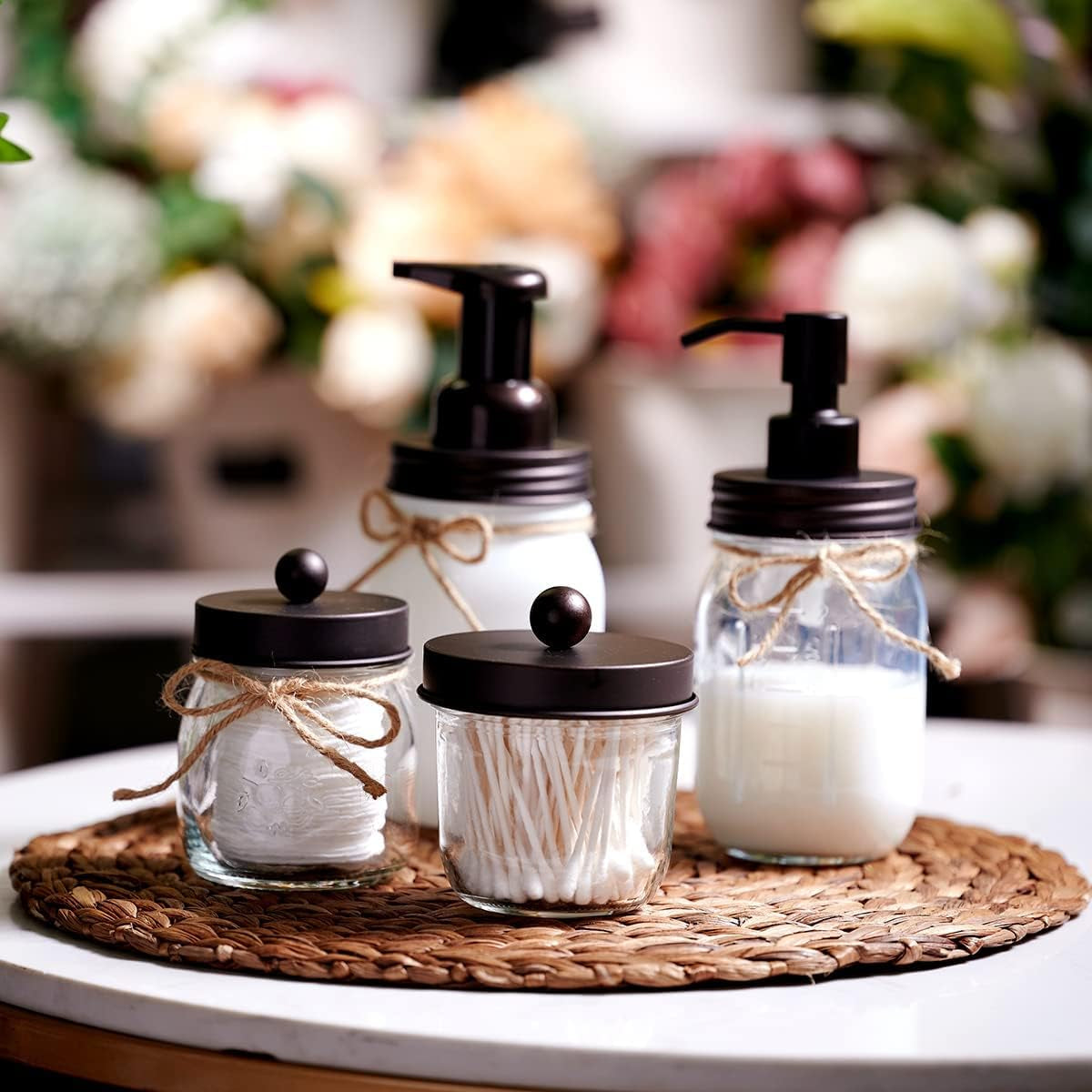 Mason Jar Bathroom Accessories Set(4 Pack) -Bronze-Lotion Soap Dispenser&Qtip Holder Set&Toothbrush Holder-Rustic Farmhouse Decor Apothecary Jar Bathroom Countertop,Vanity Organize (Bronze) | Lotion Soap Dispenser, 2 Qtip Holder Set, Toothbrush Holder, Rustic Farmhouse Bathroom Decor, Countertop Vanity Organizer