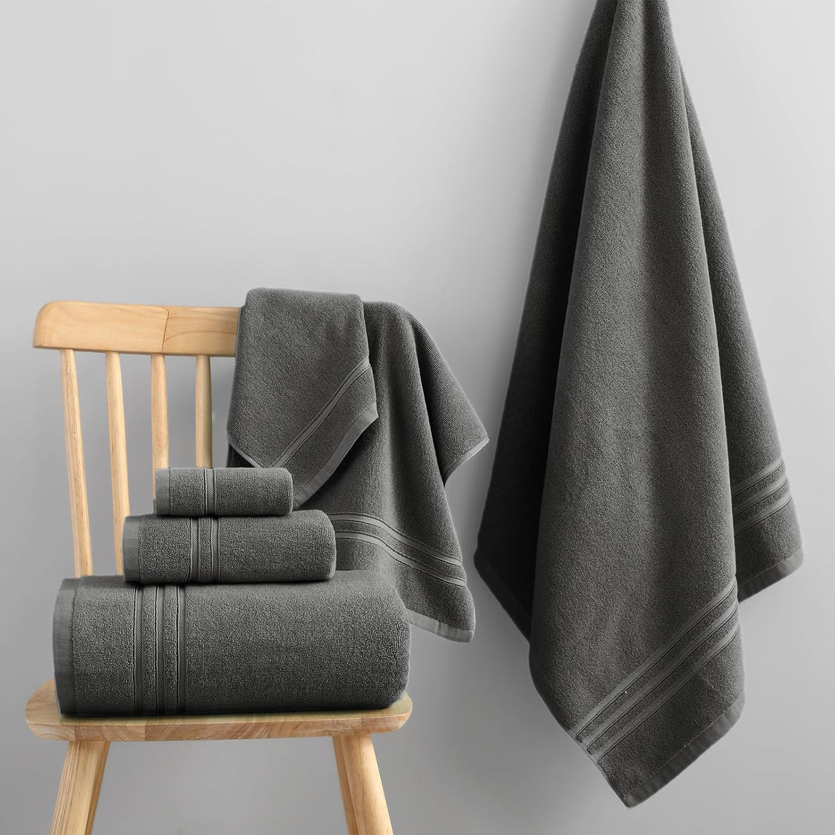 Dark Gray Towels Set 6 Piece Cotton Towel Sets with 2 Bath Towels, 2 Hand, 2 Washcloths, 650GSM Hotel Quality, Soft, Highly Absorbent Towels for Bathroom Gym, Ideal Everyday Use